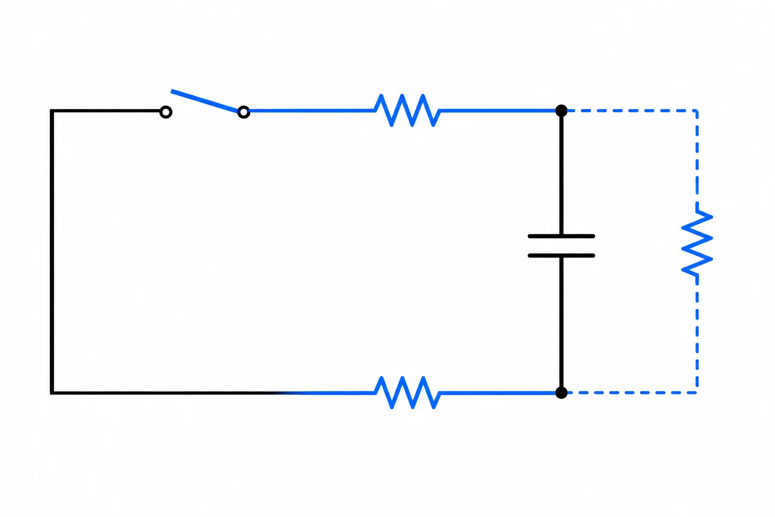 Diagrama esquemático mostrando o capacitor olhando para a rede resistiva posterior à comutação, com os caminhos resistivos destacados.