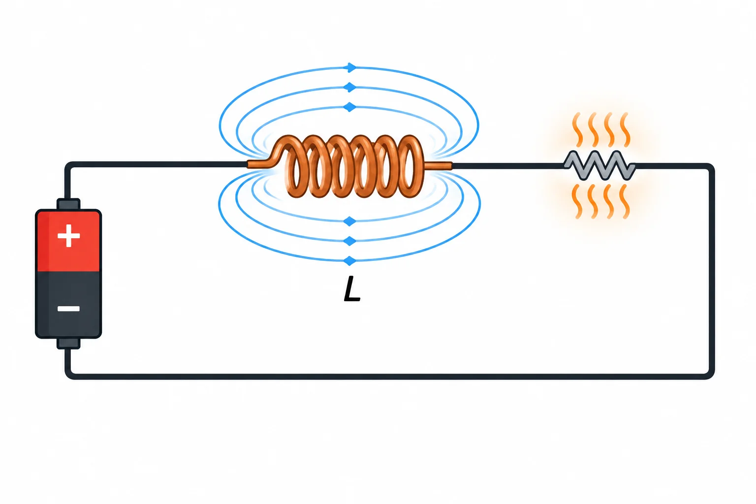 Diagrama de uma bobina modelada por um indutor ideal em série com uma resistência de enrolamento, mostrando calor na resistência e campo magnético no indutor.