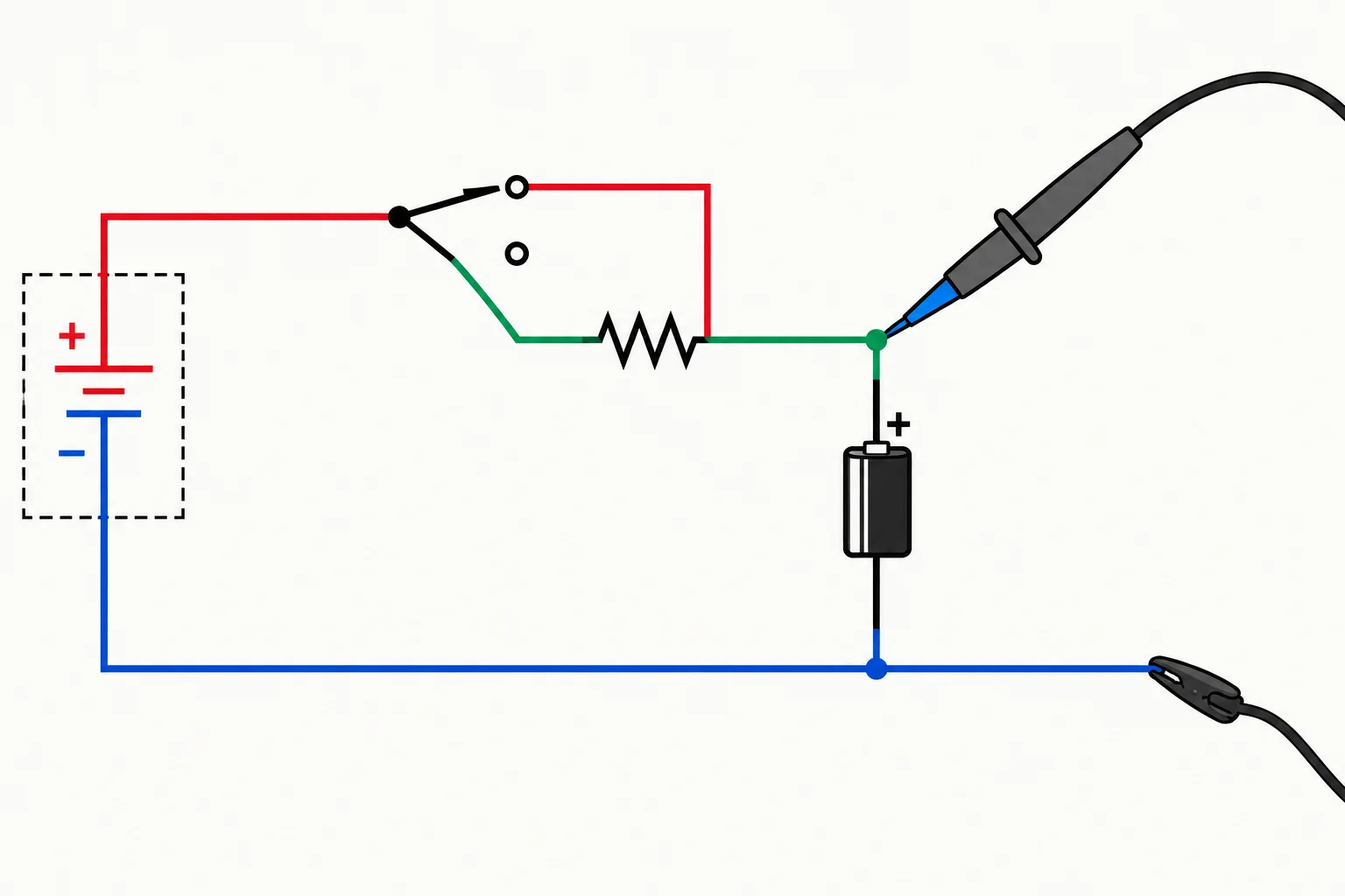 Esquema de fonte isolada de 5 V, chave seletora, resistor de 10 kΩ, capacitor de 10 µF e ponta do osciloscópio no nó do capacitor, com a garra no retorno comum.