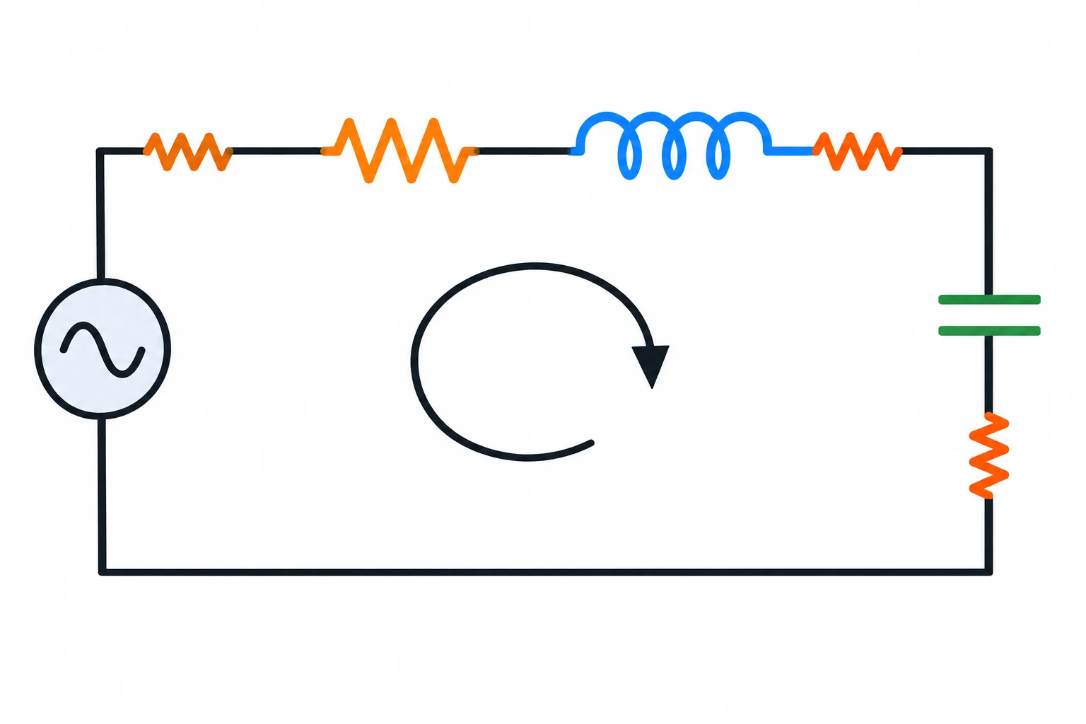 Esquema de uma única malha contendo fonte senoidal, resistências de perda, indutor e capacitor em série.