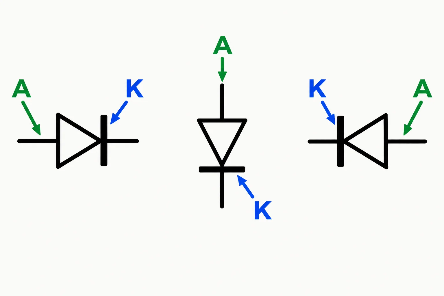 Três símbolos de diodo em orientações diferentes; em todos, o terminal junto ao traço reto é o cátodo K, e o terminal oposto é o ânodo A.