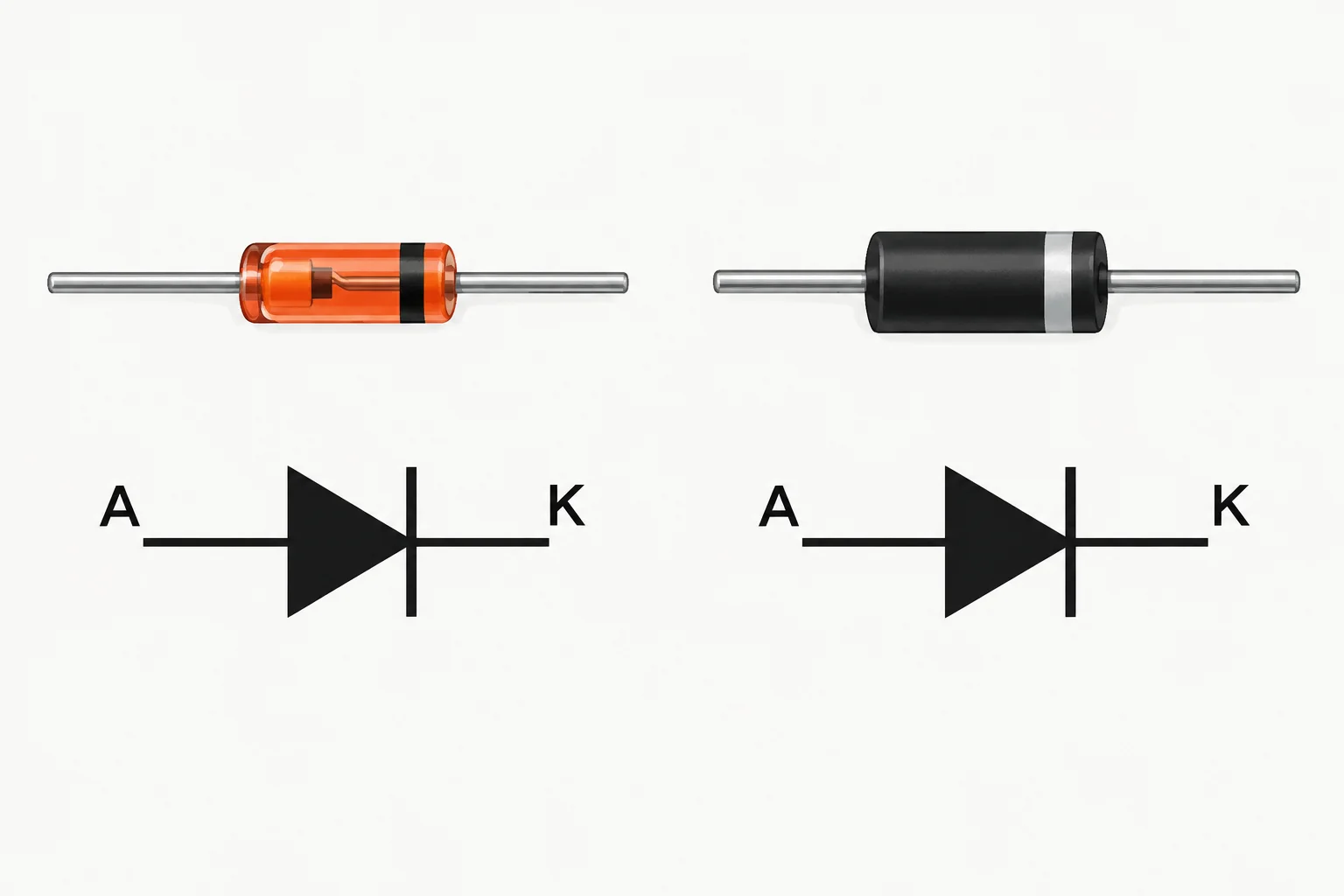 Diodo axial de vidro e diodo axial de plástico, ambos com uma faixa no lado do cátodo; o símbolo abaixo alinha seu traço com a faixa.