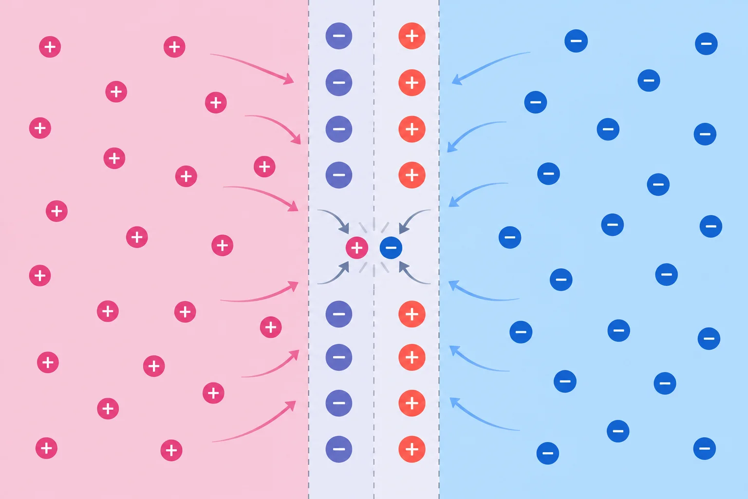 Diagrama de uma junção PN mostrando a região de depleção entre as regiões P e N, com íons fixos perto da interface e portadores móveis mais afastados.