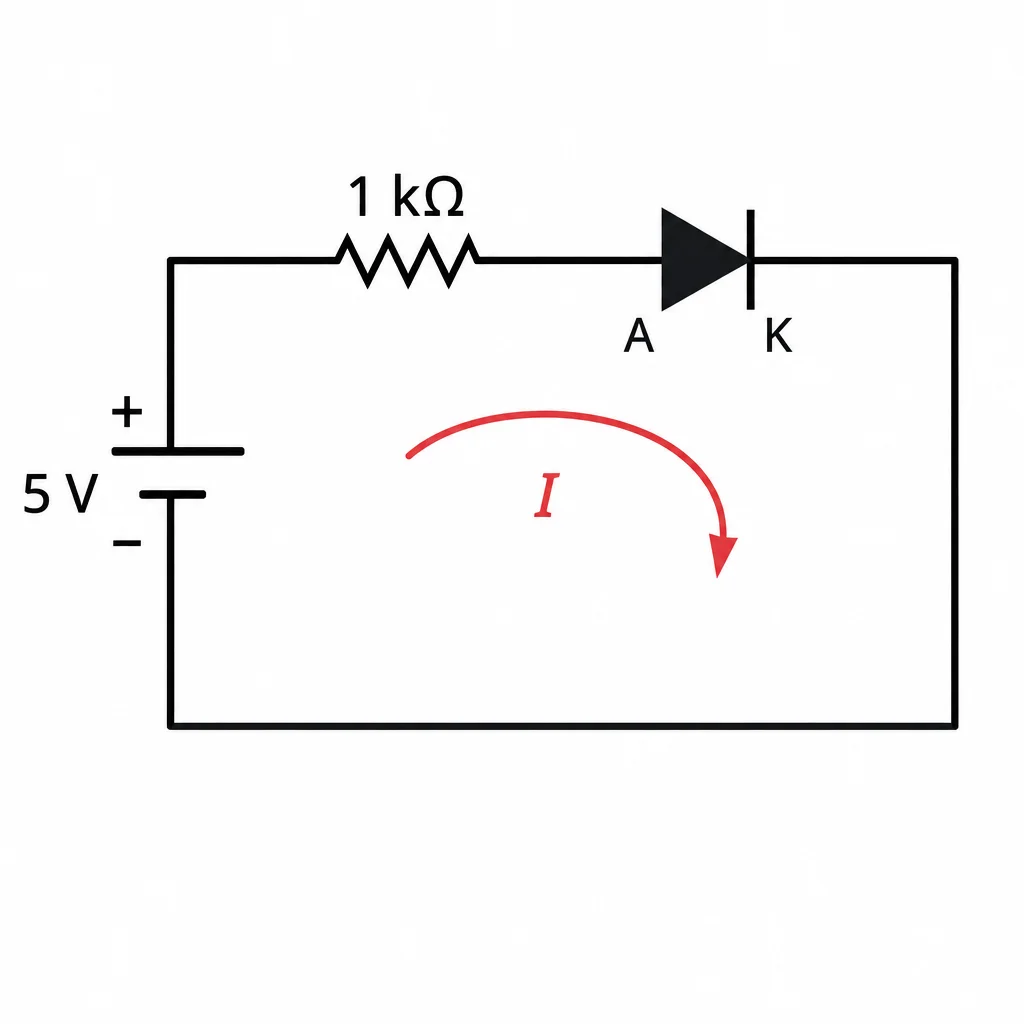Ânodo após o resistor, voltado para o positivo; cátodo no retorno negativo.