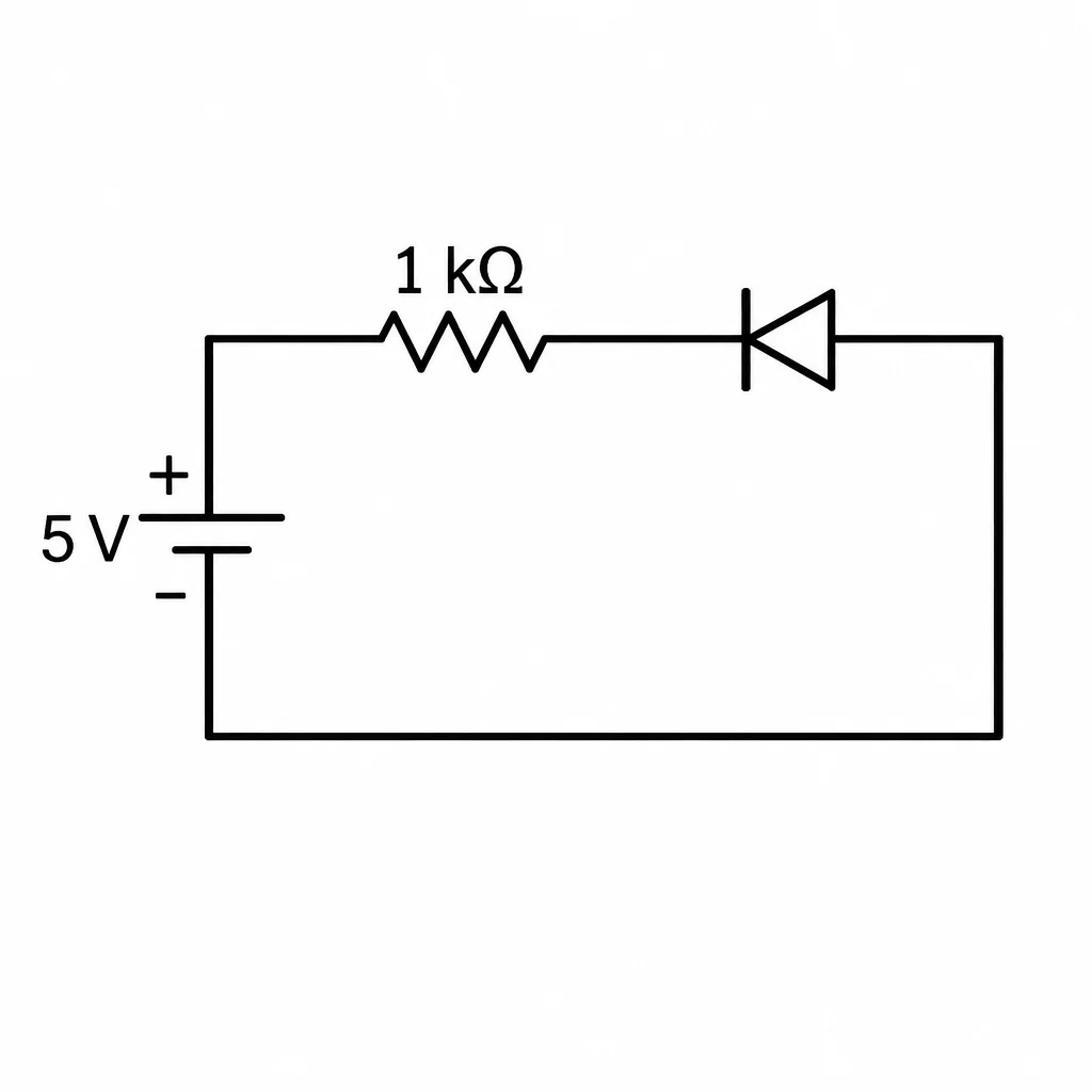 Cátodo após o resistor, voltado para o positivo; ânodo no retorno negativo.