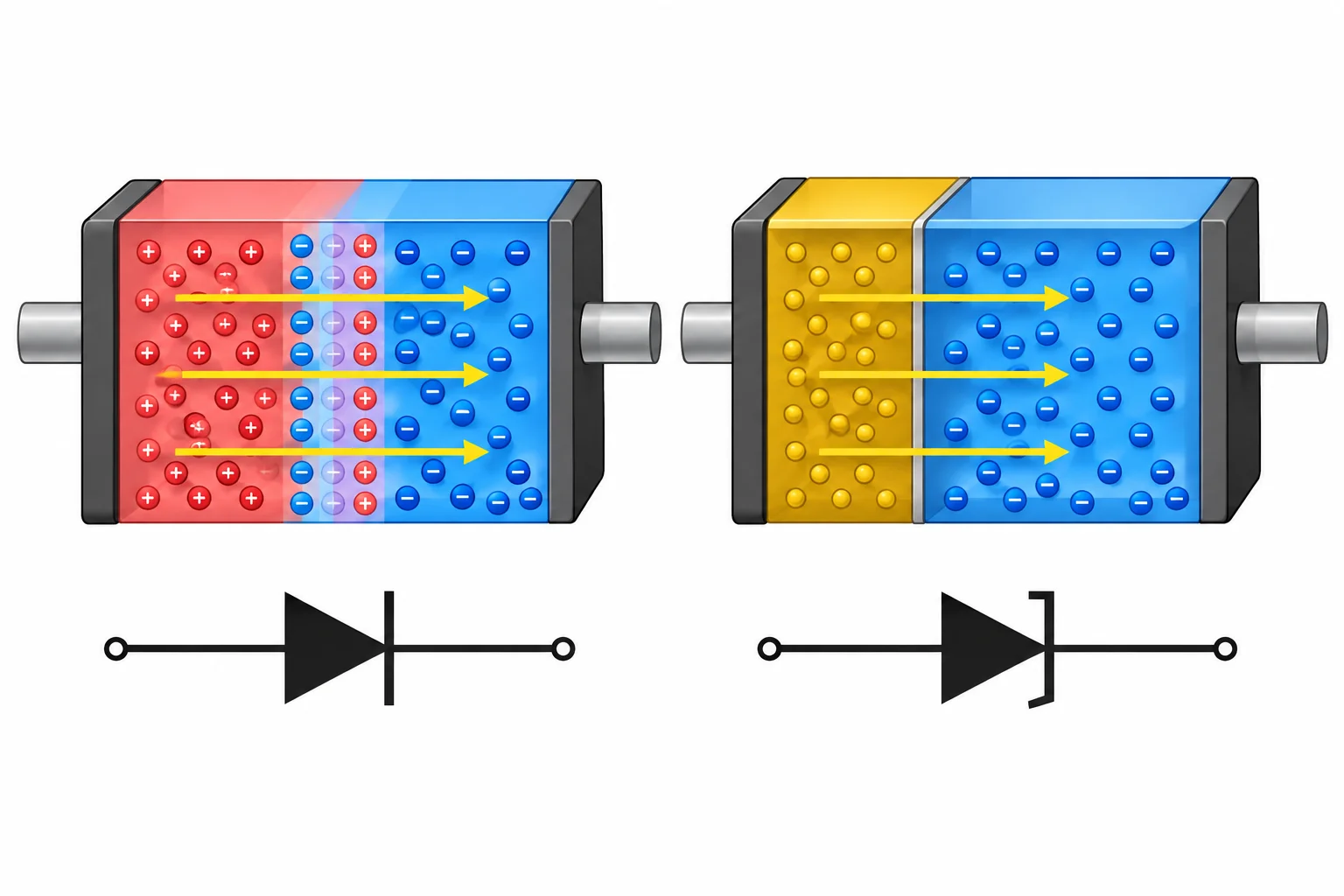 Comparação lado a lado entre a junção P-N de um diodo PN e o contato metal-semicondutor de um diodo Schottky.