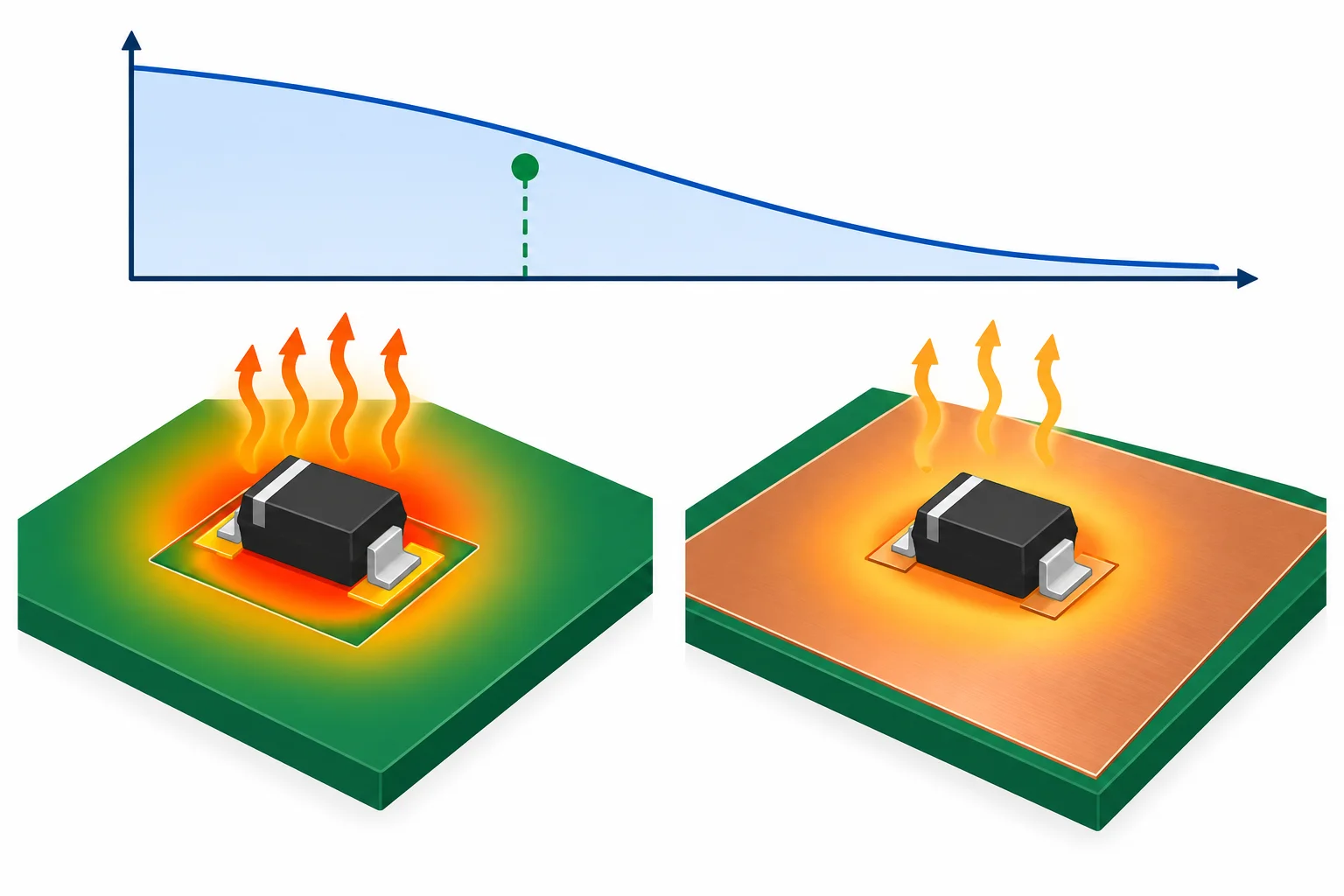 Comparação entre o mesmo diodo em pouca e em maior área de cobre, acompanhada de uma curva descendente de capacidade admissível com a temperatura.