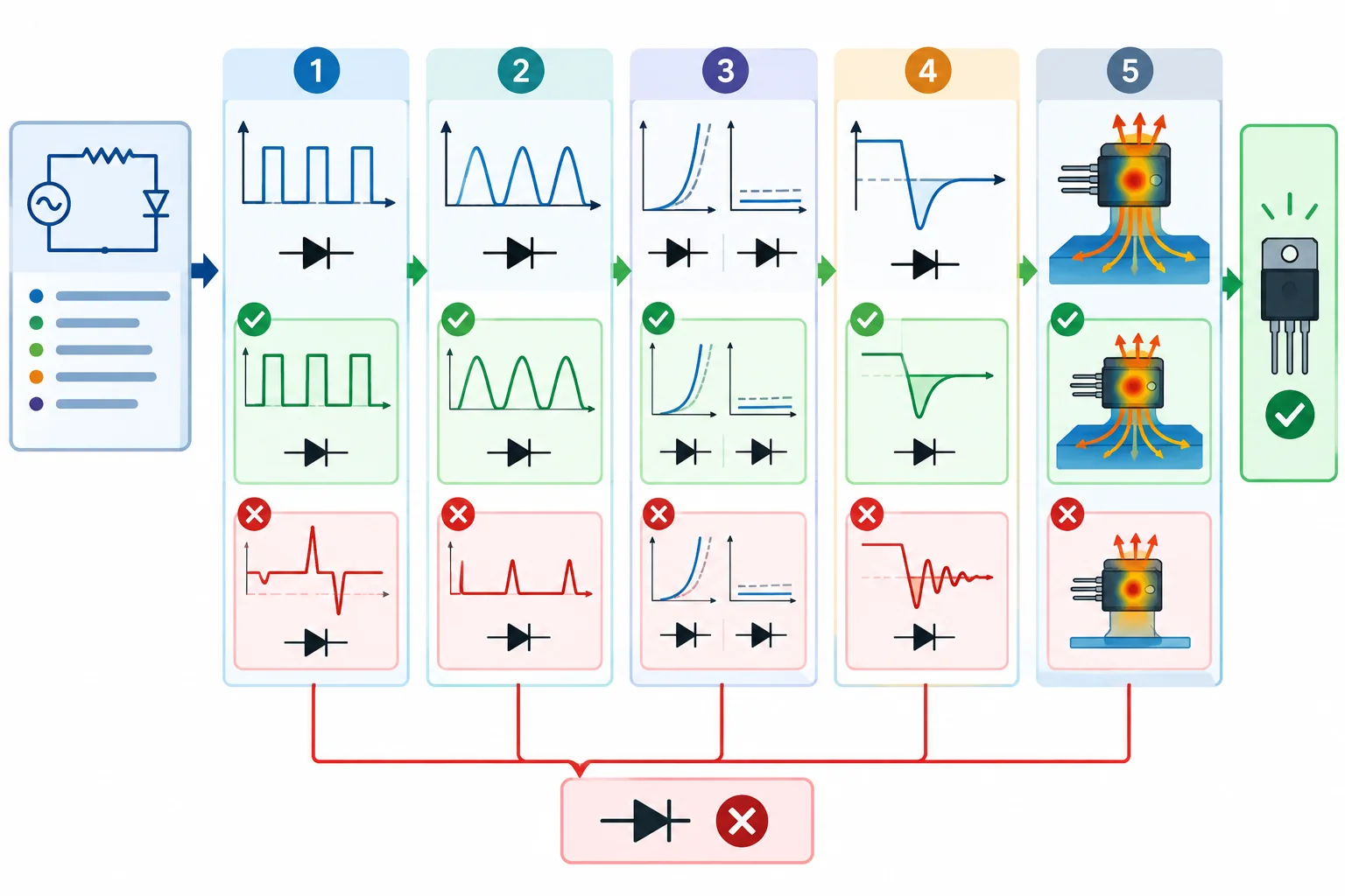 Fluxo visual de seleção: requisitos elétricos passam por verificações de tensão reversa, corrente média, características, recuperação e aquecimento antes da escolha.