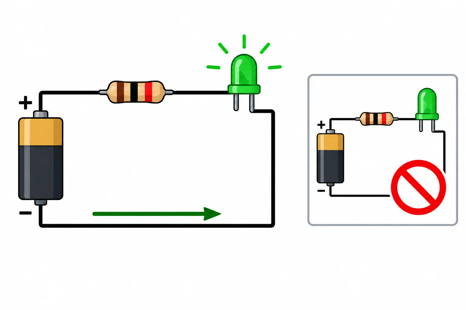 Diagrama de uma fonte CC de baixa tensão, resistor e LED em série com uma seta de corrente; ao lado, o LED invertido aparece como uma ligação a evitar.