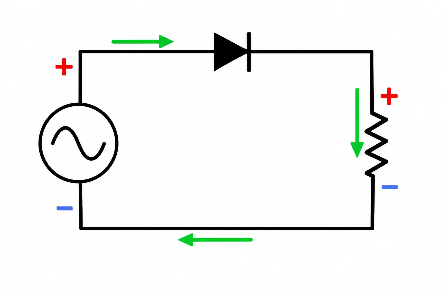 Esquema de meia onda no semiciclo favorável, com corrente passando pela fonte, pelo diodo e pelo resistor.