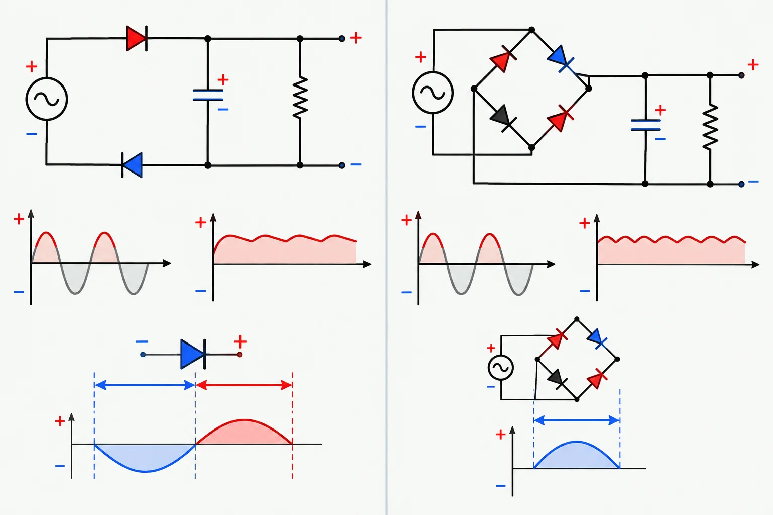 Comparação visual entre o diodo bloqueado de uma meia onda, que vê a soma da entrada e do capacitor, e um diodo bloqueado da ponte, que vê aproximadamente um pico de entrada.