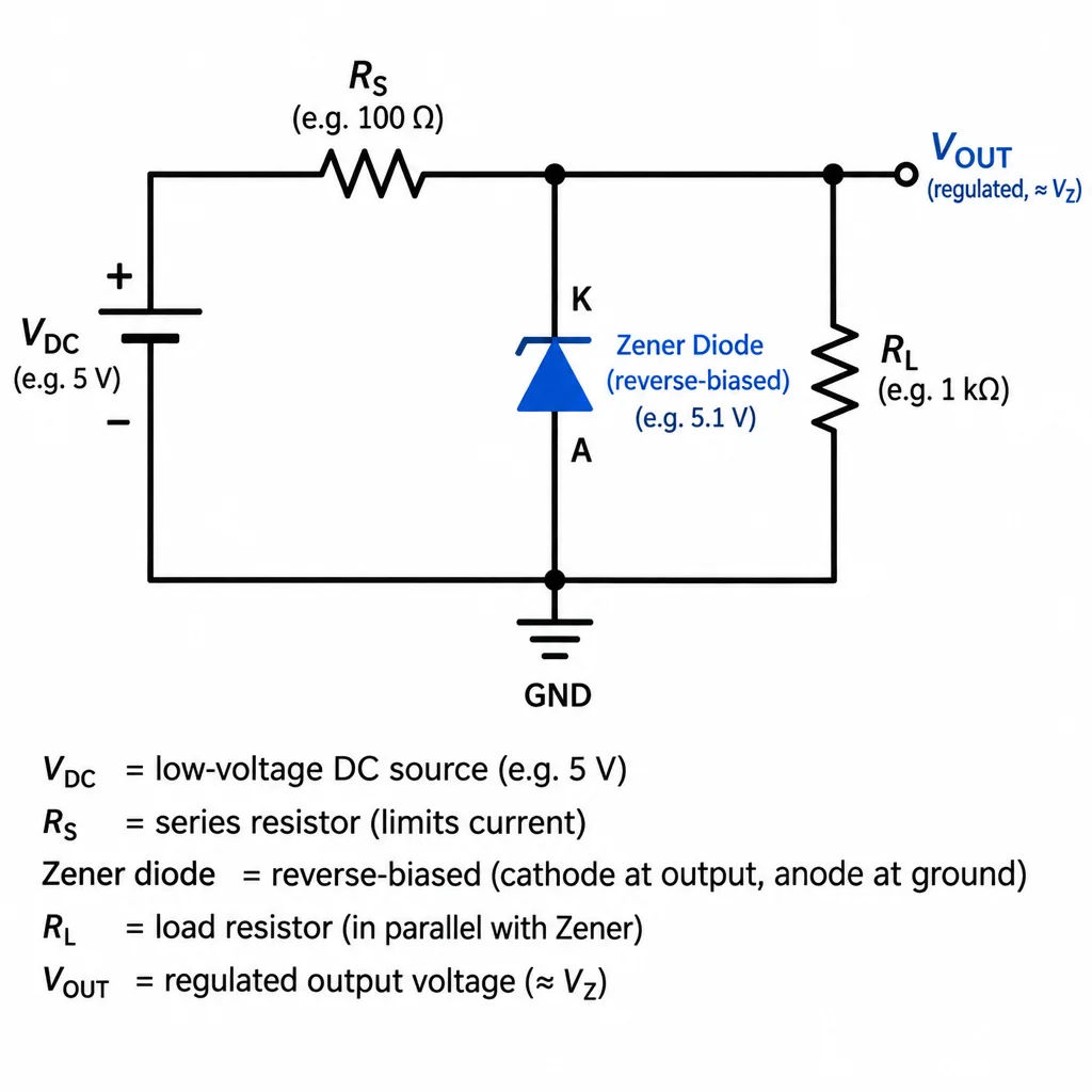 Resistor série; Zener e carga em paralelo na saída.