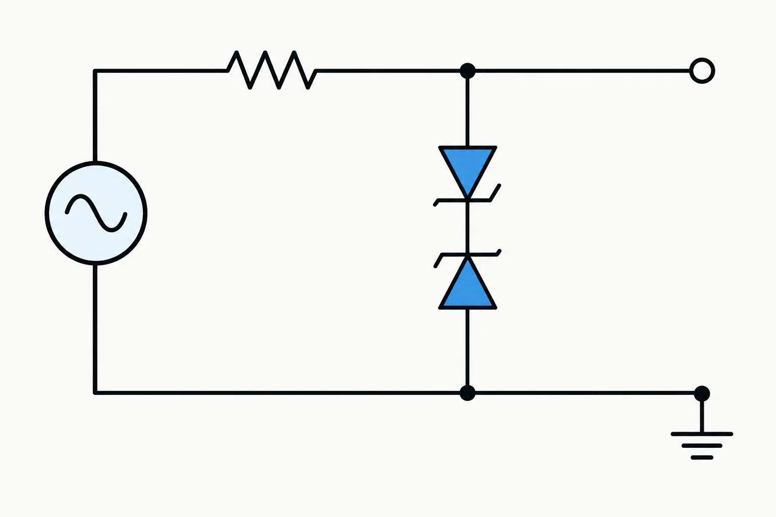 Esquema de uma fonte com resistor em série e dois Zeners em oposição série, com os cátodos unidos, entre a saída e a referência.