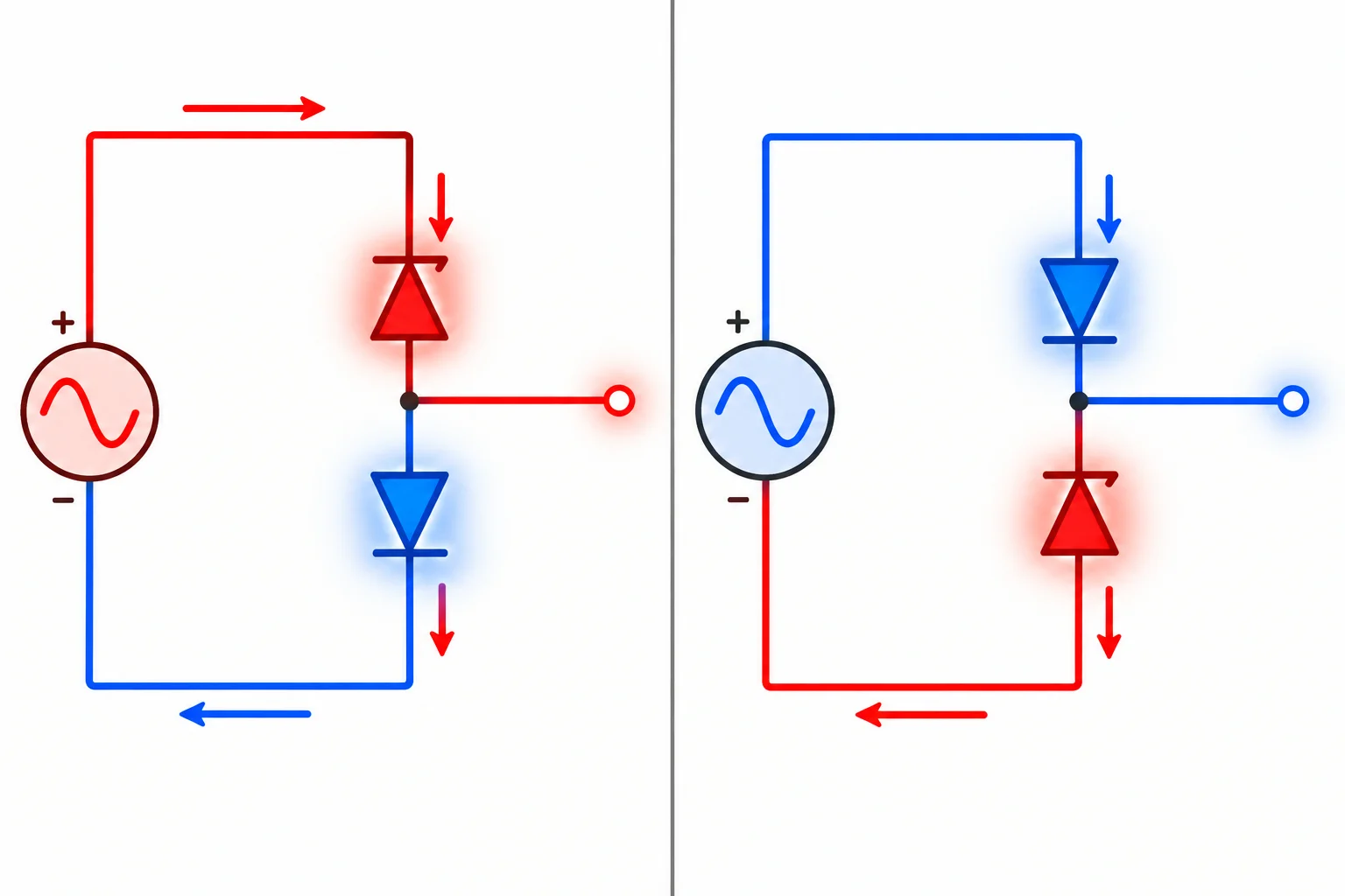 Comparação das duas polaridades: em cada uma, um Zener está em ruptura reversa e o outro em condução direta.
