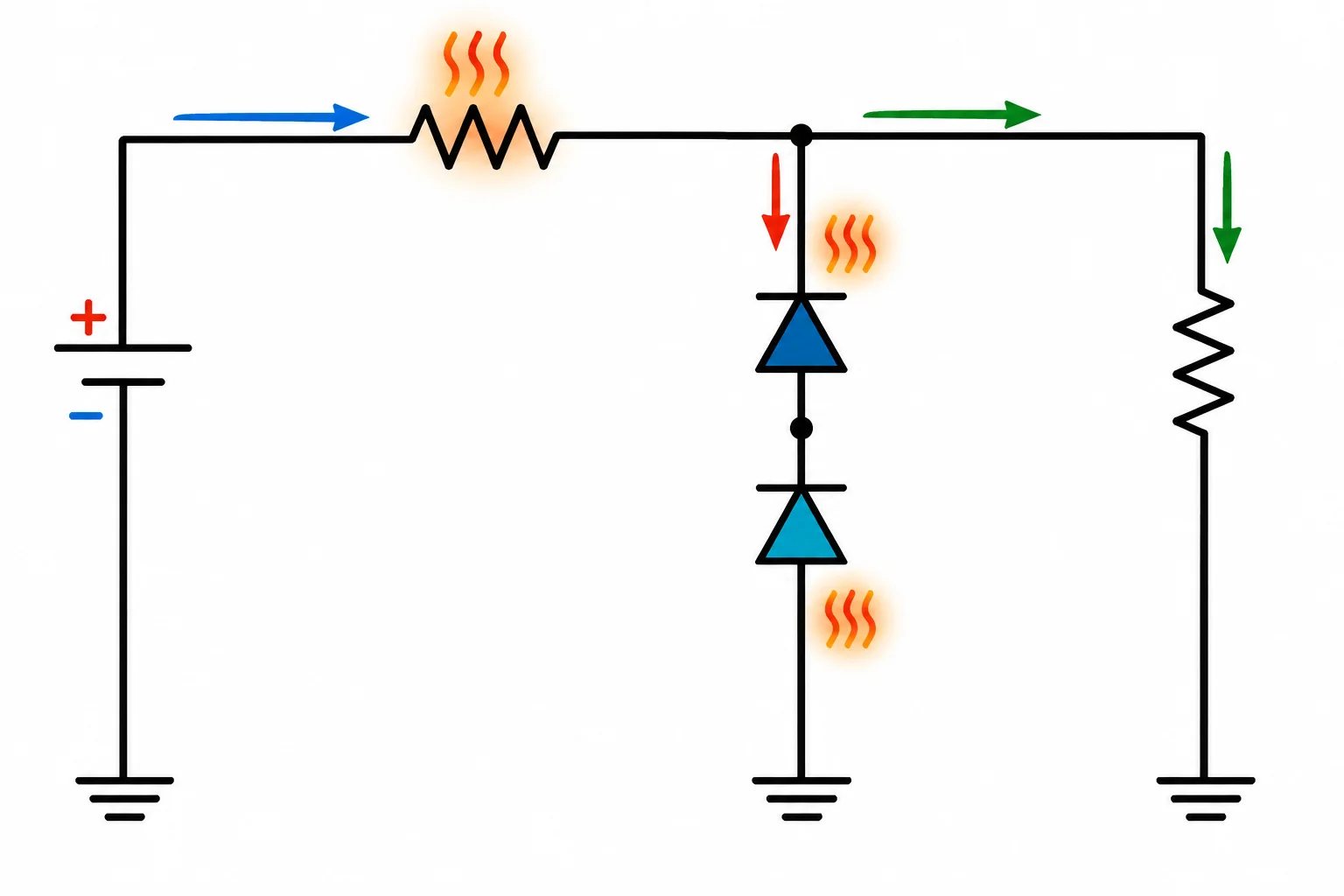 Diagrama de um resistor em série cuja corrente se divide entre a carga e um ramo com dois Zeners em oposição série.