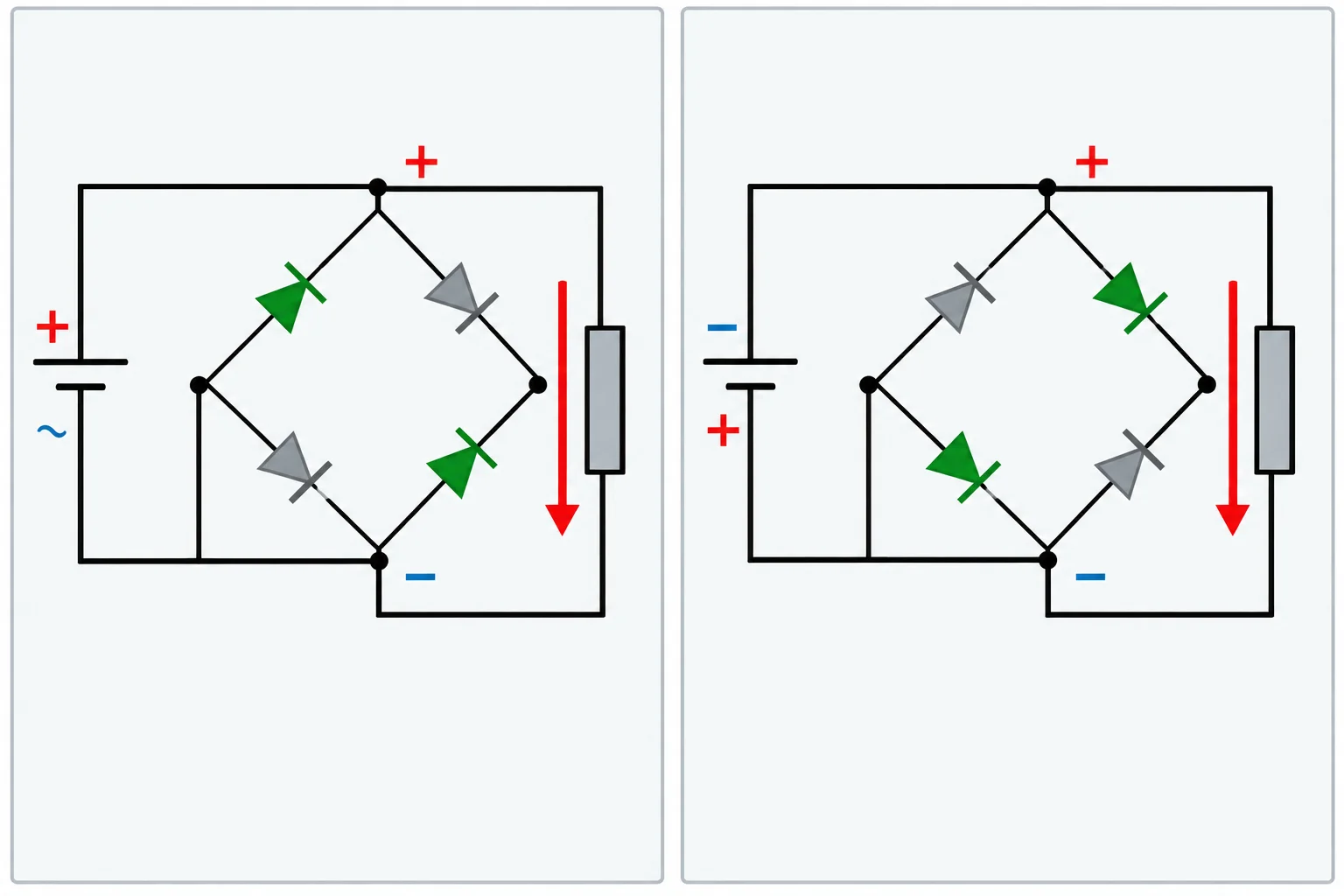Comparação das duas orientações possíveis da fonte em uma ponte, com pares diagonais diferentes conduzindo e o mesmo sentido de corrente na carga.