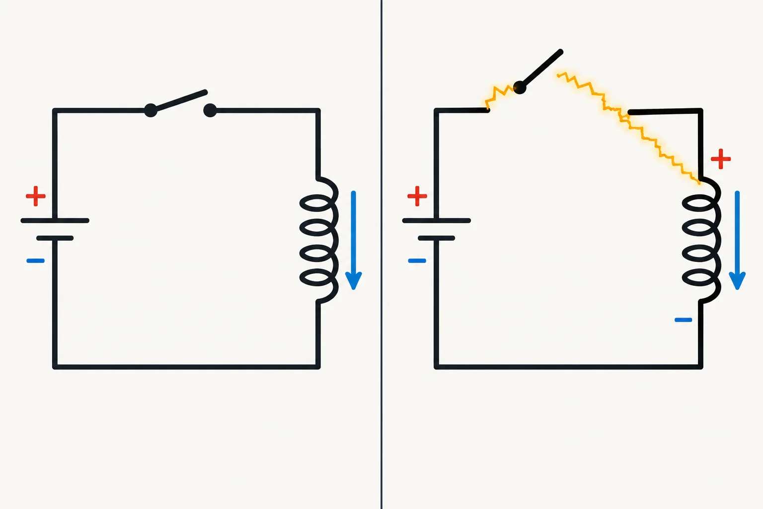 Comparação entre a chave fechada, com corrente na bobina, e a chave aberta, quando a bobina mantém inicialmente o sentido da corrente e a tensão cresce.