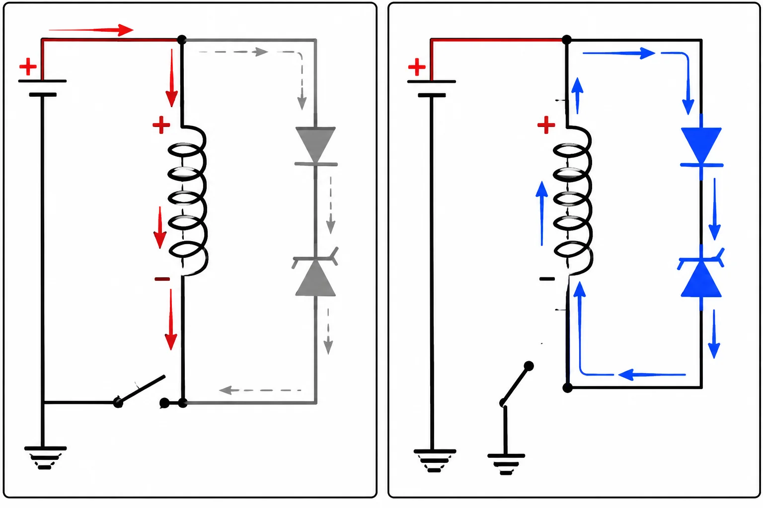Comparação visual entre o circuito energizado, com ramo bloqueado, e o circuito após abrir a chave, com corrente recirculando pelo diodo e pelo Zener.