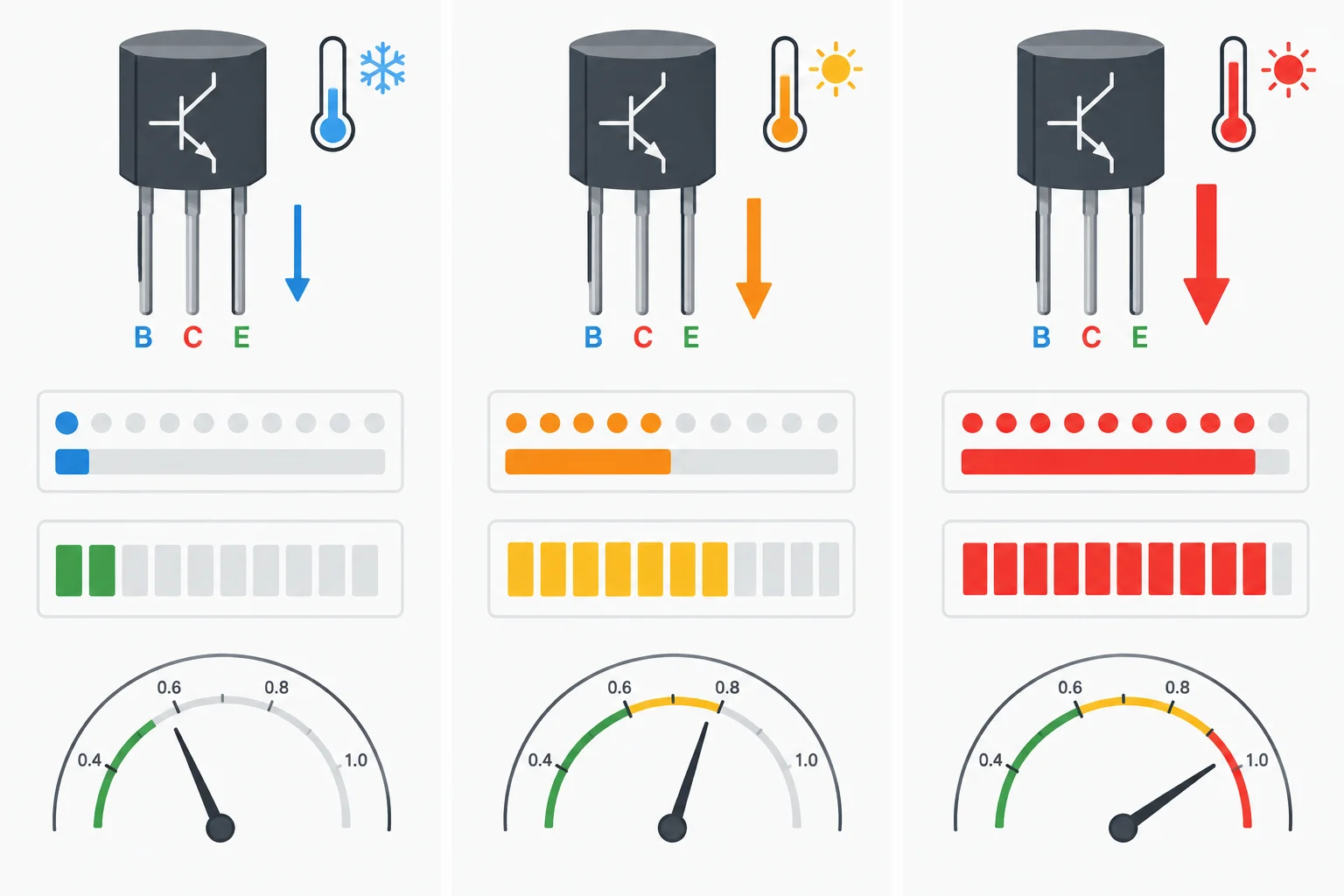 Comparação visual de transistores em diferentes correntes e temperaturas, com valores de ganho e de tensão base-emissor variando.