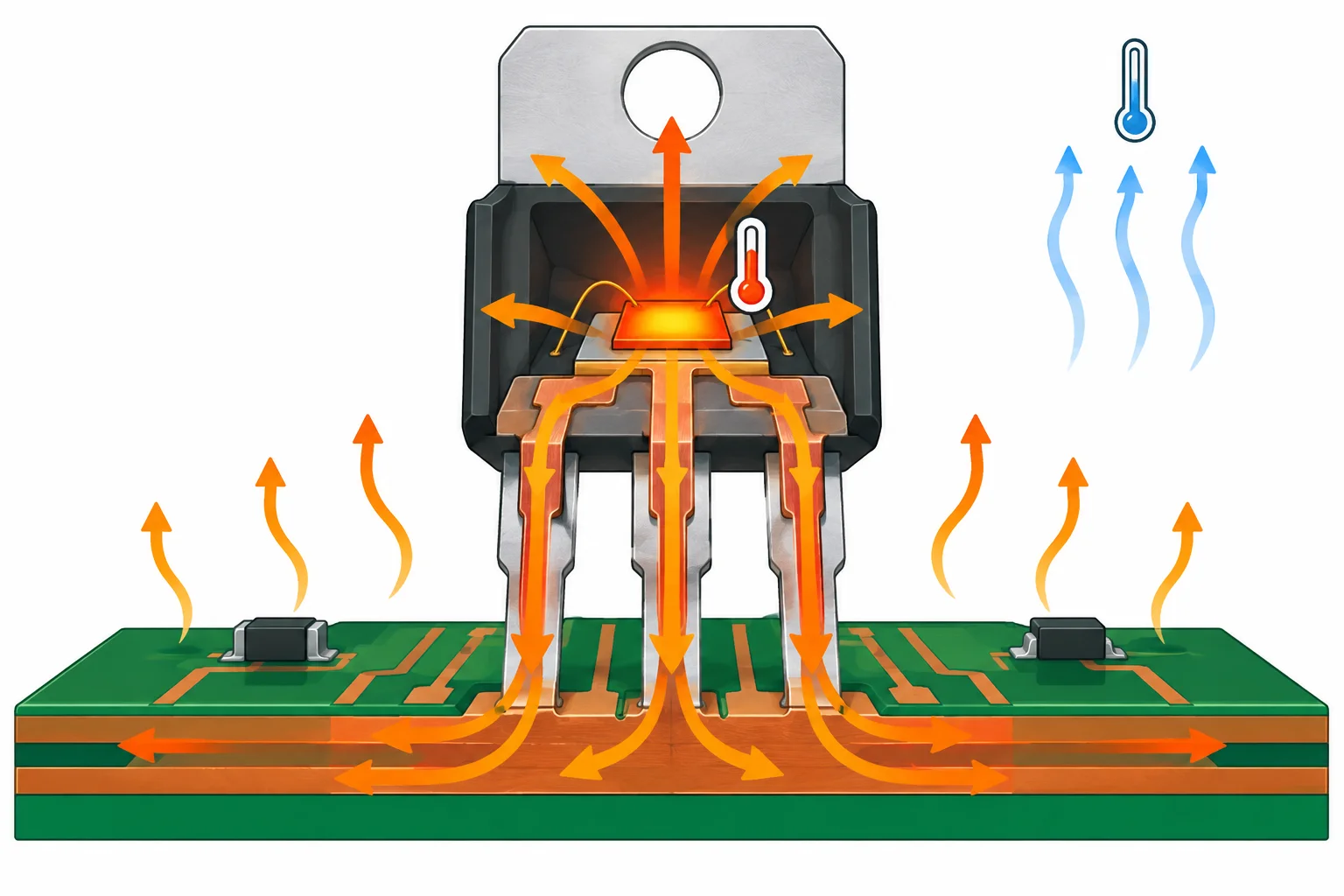Diagrama do calor saindo da junção dentro de um transistor, passando pelo encapsulamento e pela placa até o ar ambiente.