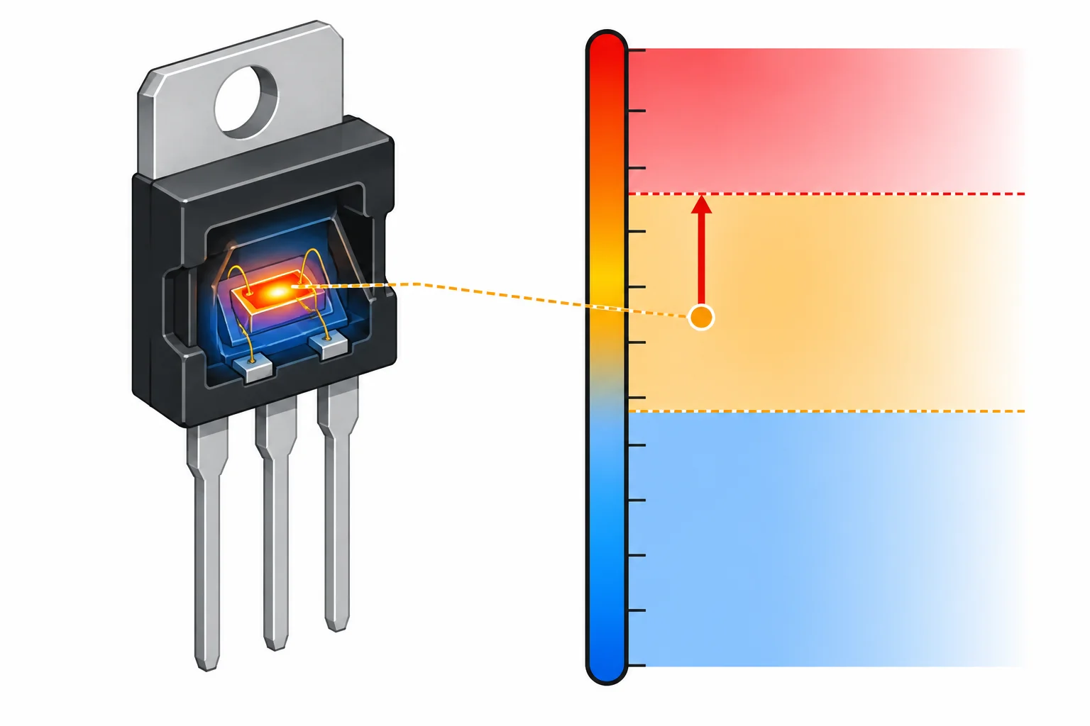 Escala térmica com uma temperatura de junção estimada abaixo do teto de projeto e do limite absoluto, indicando a distância de margem até o limite.