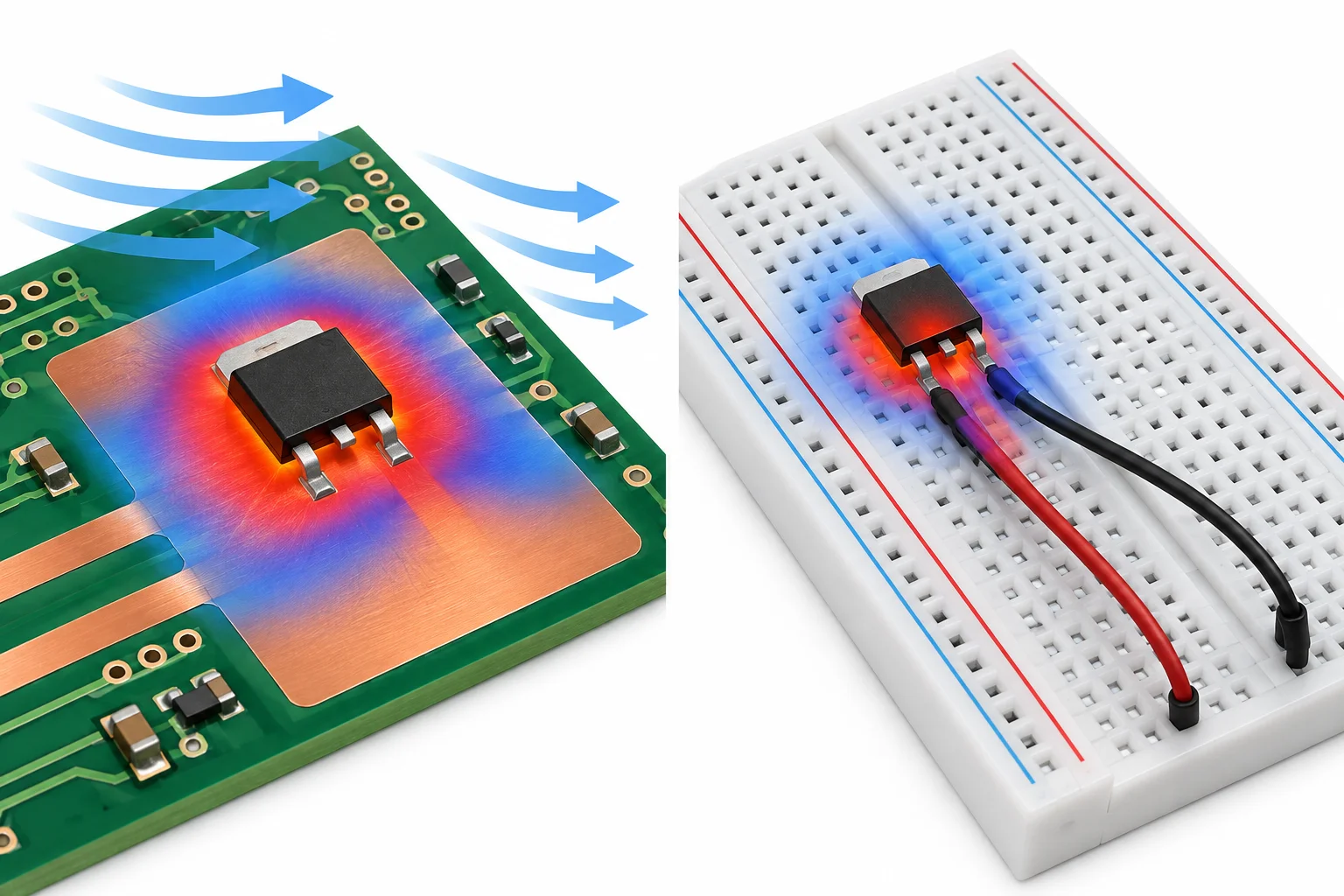 Comparação entre um transistor em uma placa com ampla área de cobre e o mesmo transistor em uma protoboard com fios, mostrando caminhos de dissipação de calor diferentes.