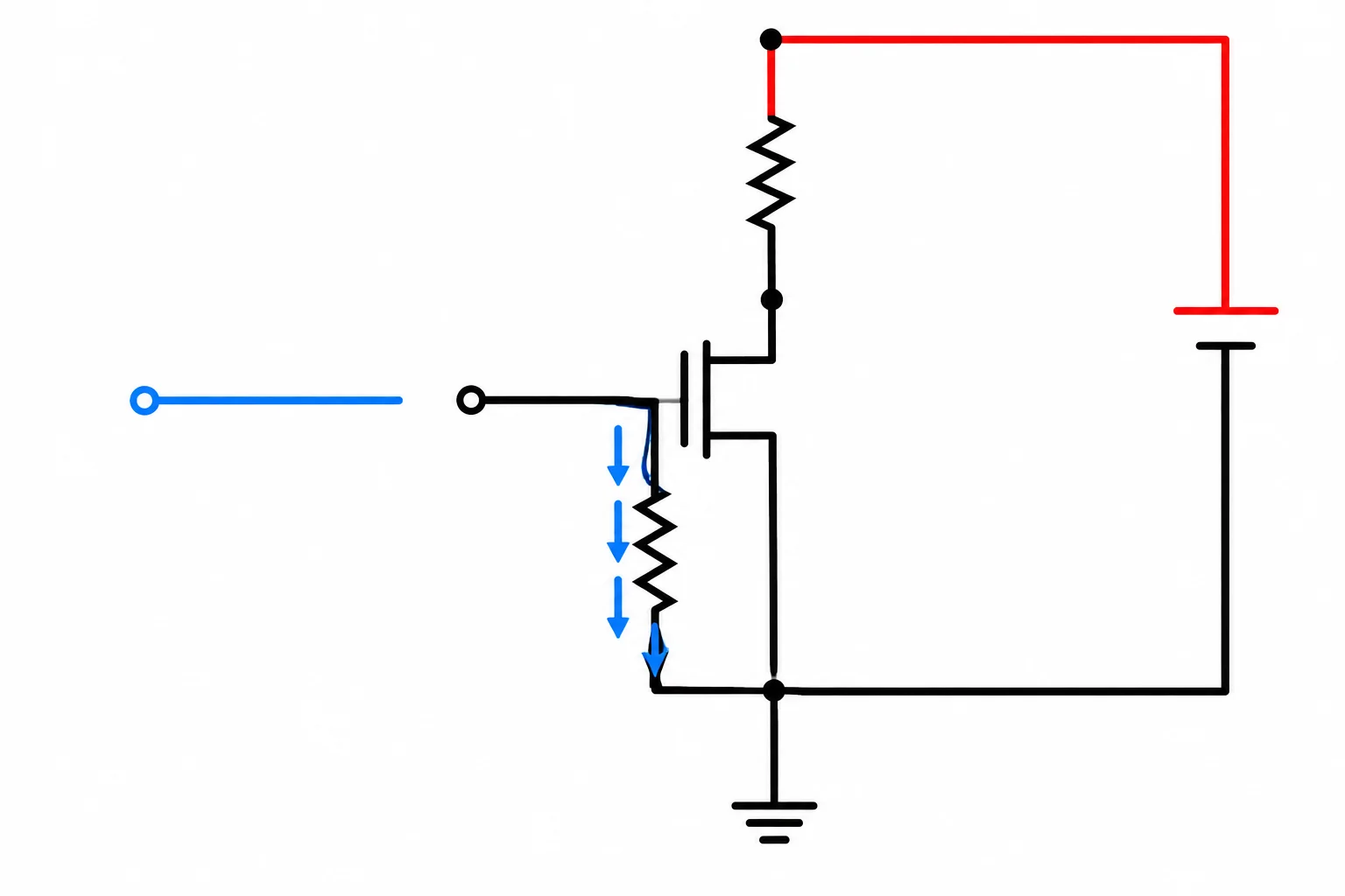 Esquema de uma chave MOSFET de canal N no lado de baixo, com resistor ligado diretamente entre gate e source e comando desconectado.