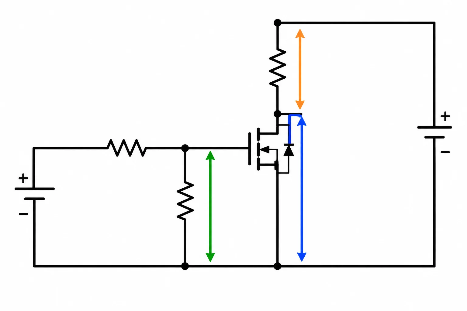 Esquema de uma chave MOSFET de canal N pelo lado de baixo, com indicações entre gate e source, dreno e source e nos terminais da carga resistiva.