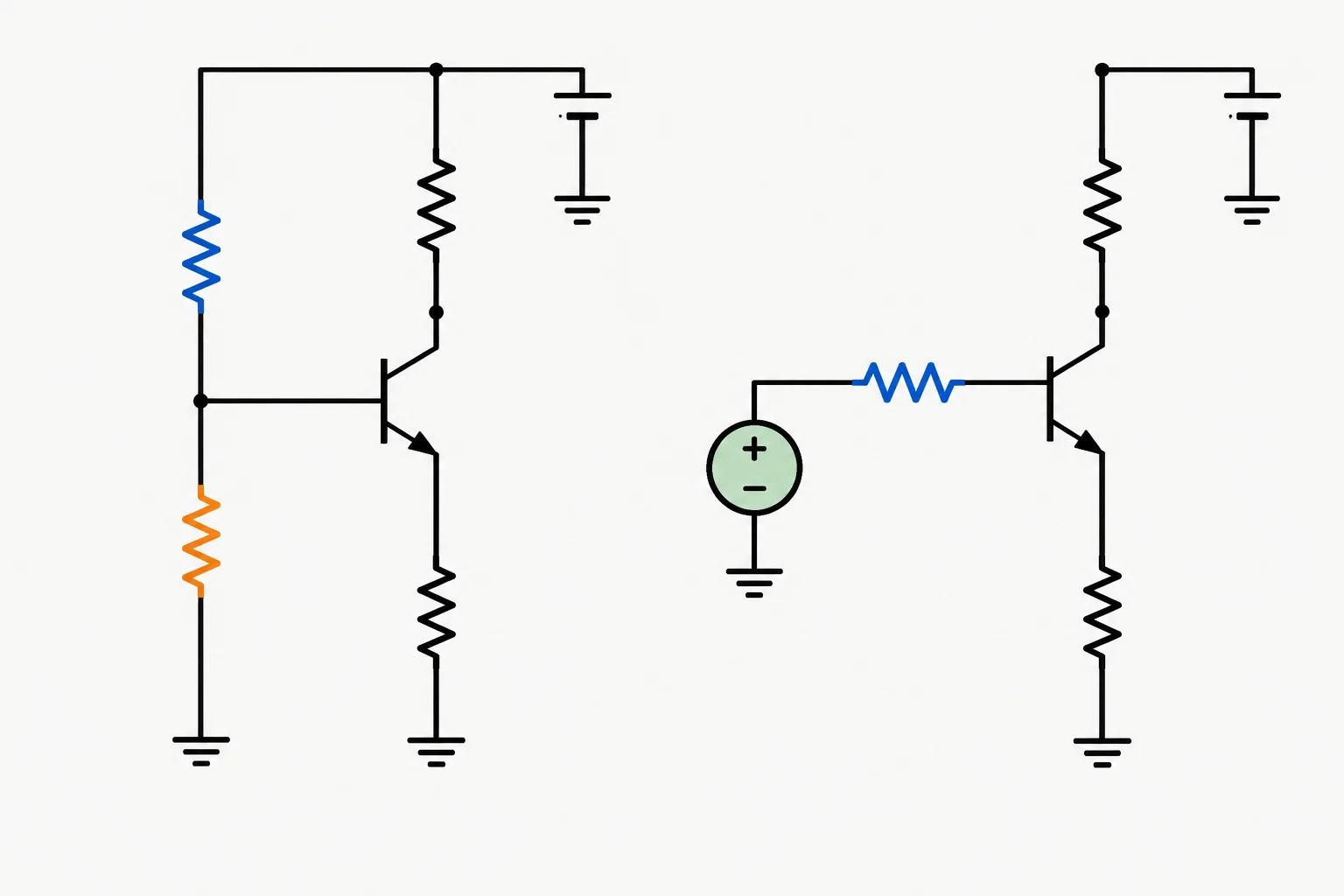 Comparação entre o divisor R1-R2 do estágio e seu equivalente de Thévenin ligado à base do transistor.