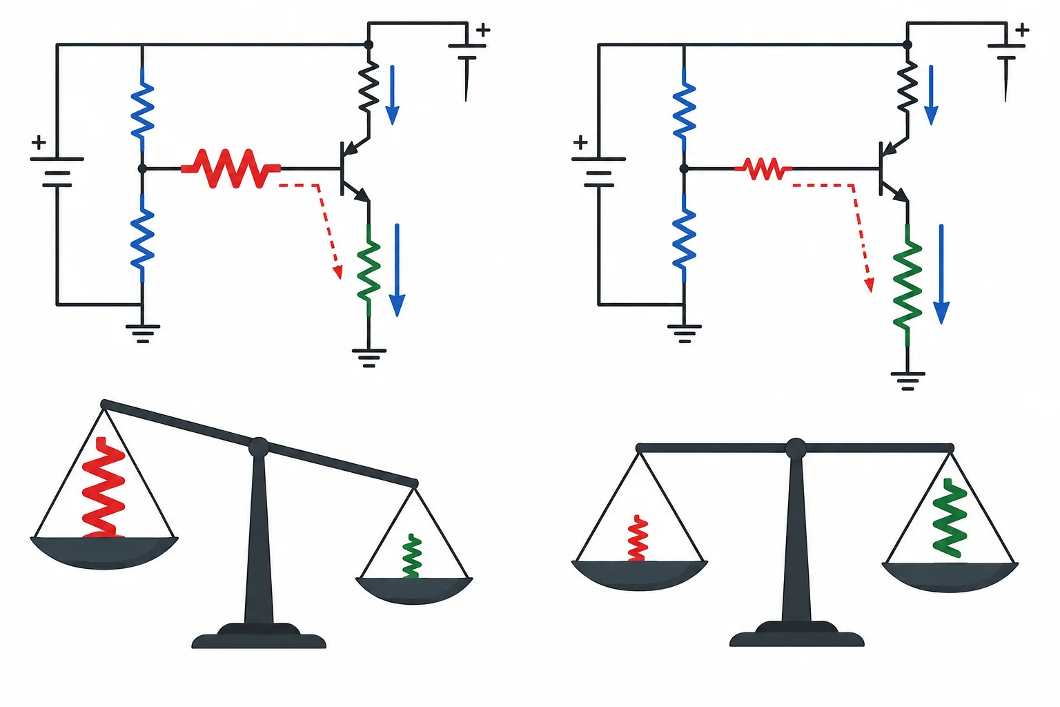 Comparação entre uma rede de base com resistência de Thévenin relativamente alta e outra relativamente baixa diante da influência do resistor de emissor.