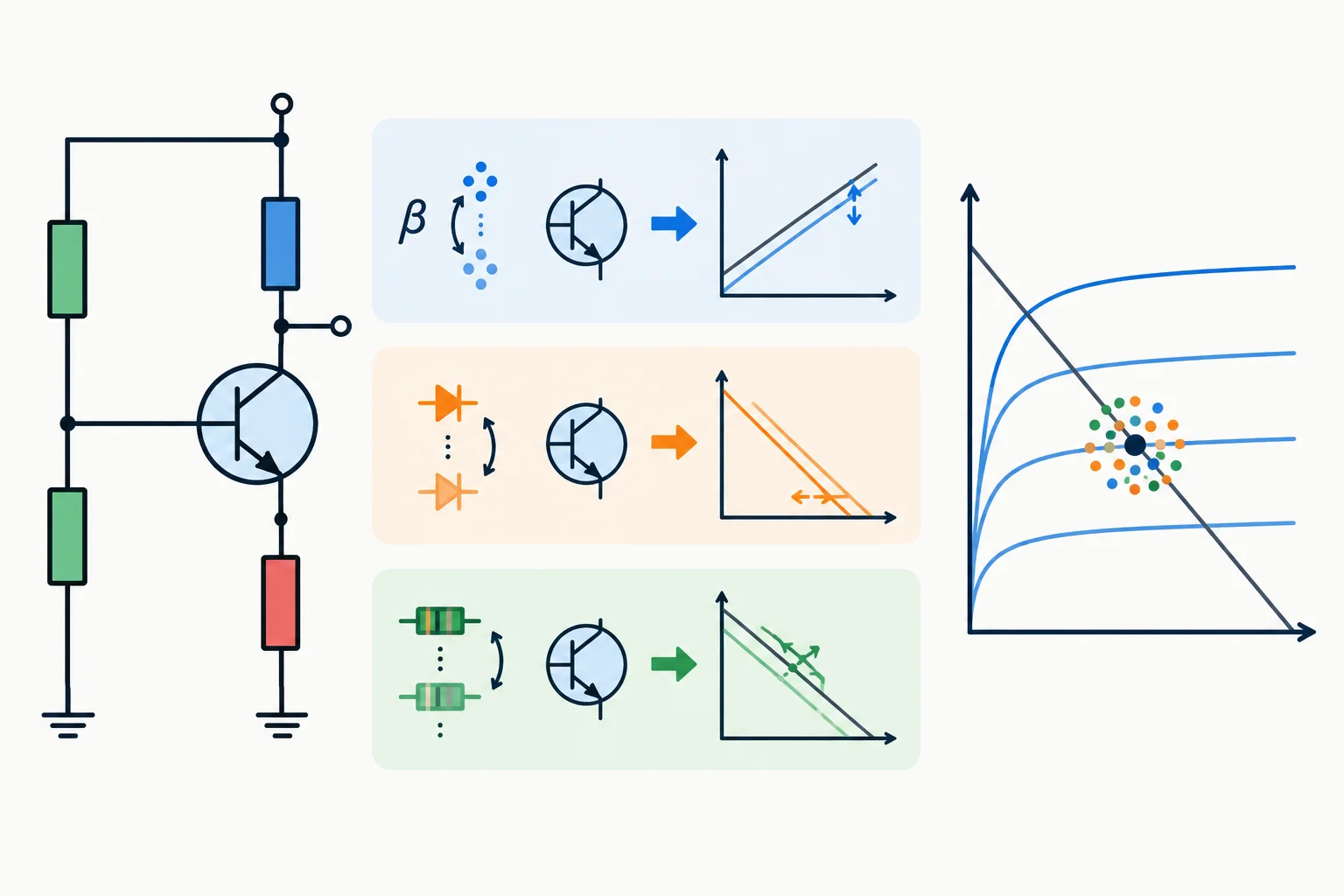Diagrama de um estágio NPN com divisor de base e vários pontos Q próximos ao ponto nominal, indicando que parâmetros variáveis deslocam corrente e tensão.
