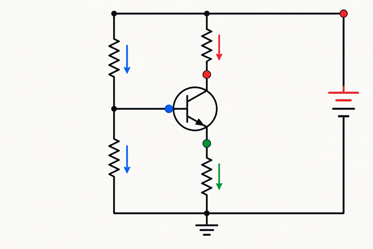 Diagrama de um estágio NPN em emissor comum com resistor de coletor, resistor de emissor e divisor de polarização da base.