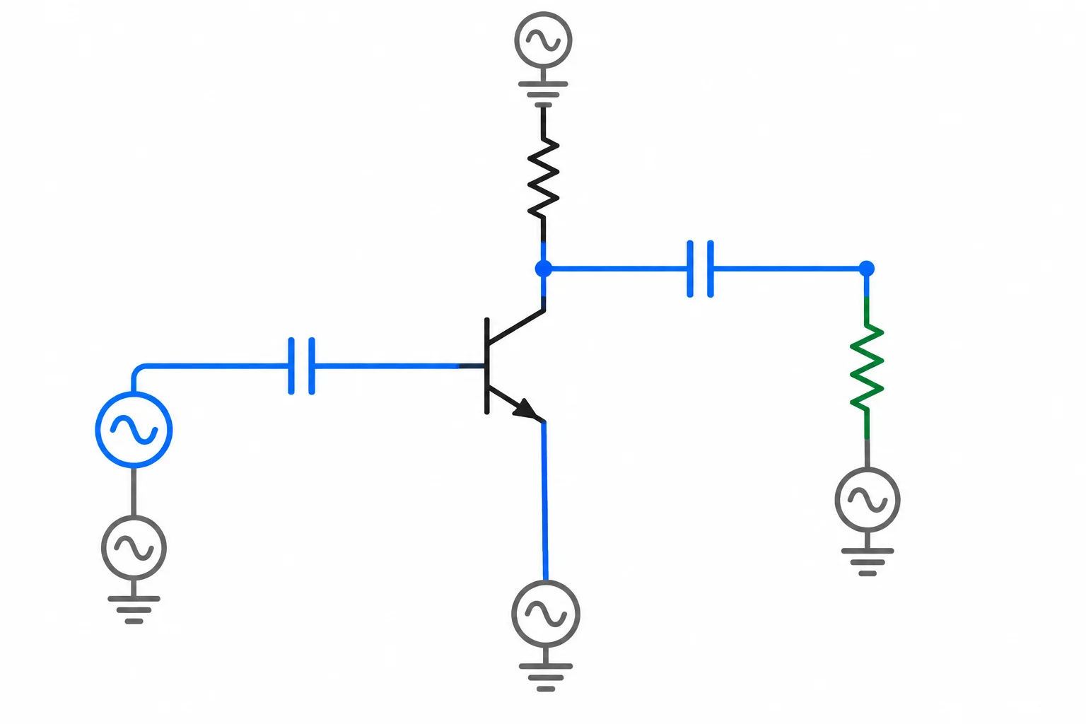 Diagrama de pequenos sinais em que R_C e R_L estão ligadas entre o nó do coletor e o terra de sinal, com o capacitor de saída no caminho até a carga.