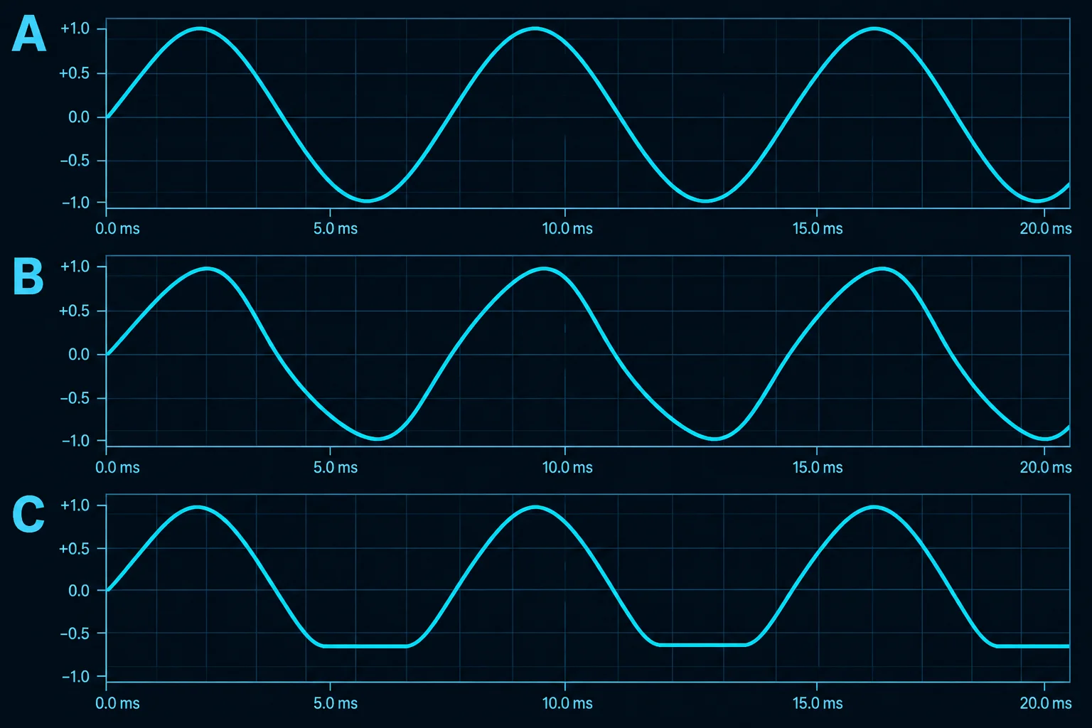 Três formas de onda identificadas como A, B e C: uma senoide suave, uma senoide deformada sem trecho plano e uma senoide com fundo achatado.