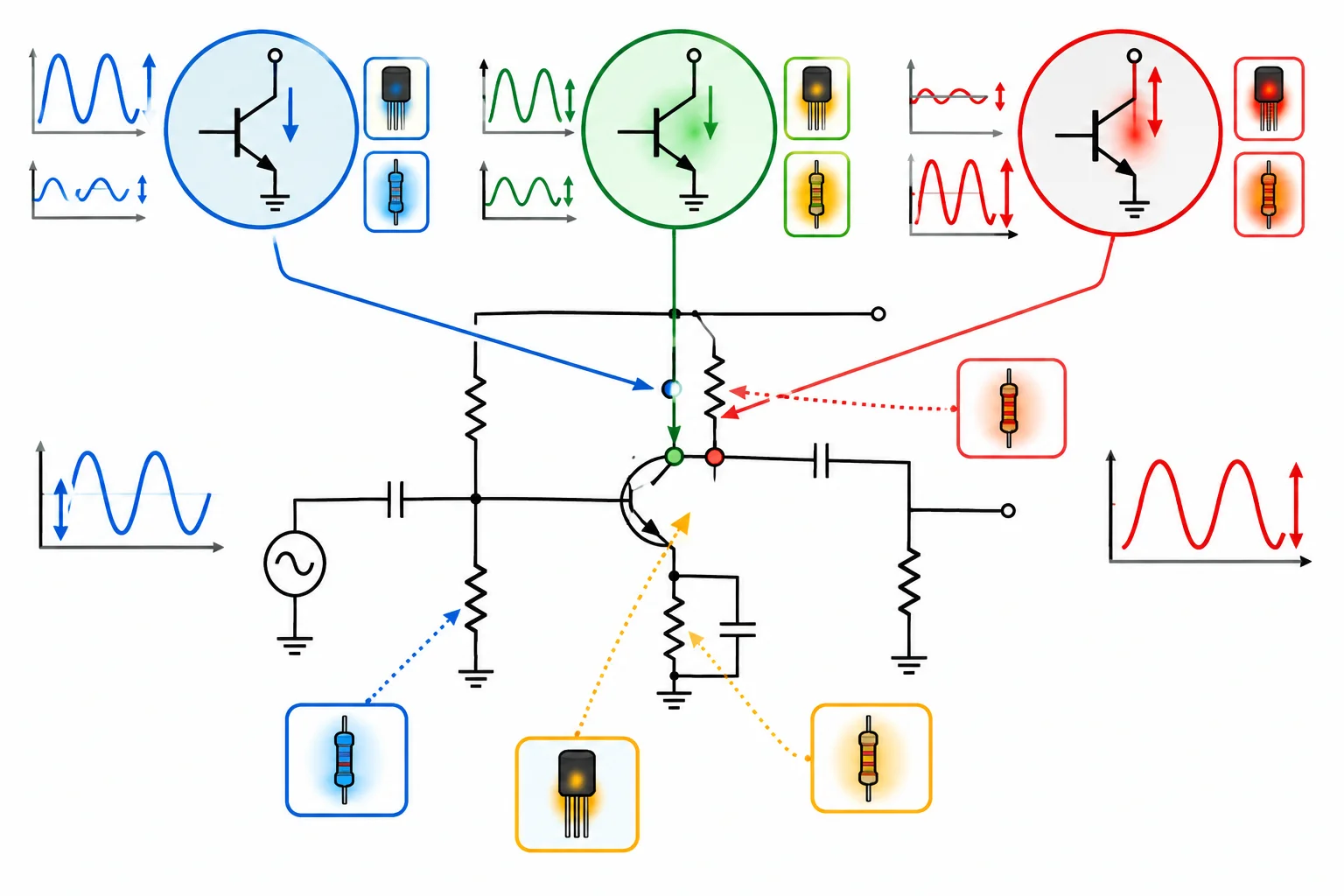 Diagrama relacionando ponto Q e extremos de corrente e tensão a indicadores de dissipação no transistor e nos resistores.