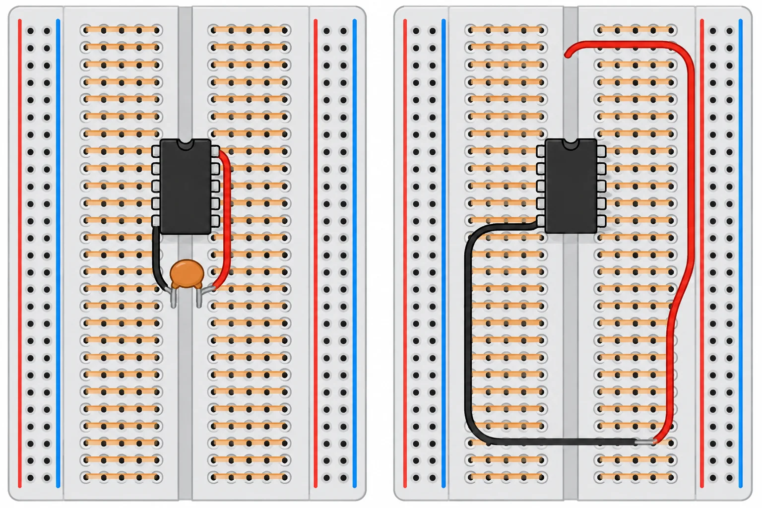 Comparação de duas protoboards: à esquerda, um capacitor de 100 nF ligado aos pinos 8 e 4 por dois jumpers curtos; à direita, o mesmo capacitor ligado por fios longos e sinuosos.