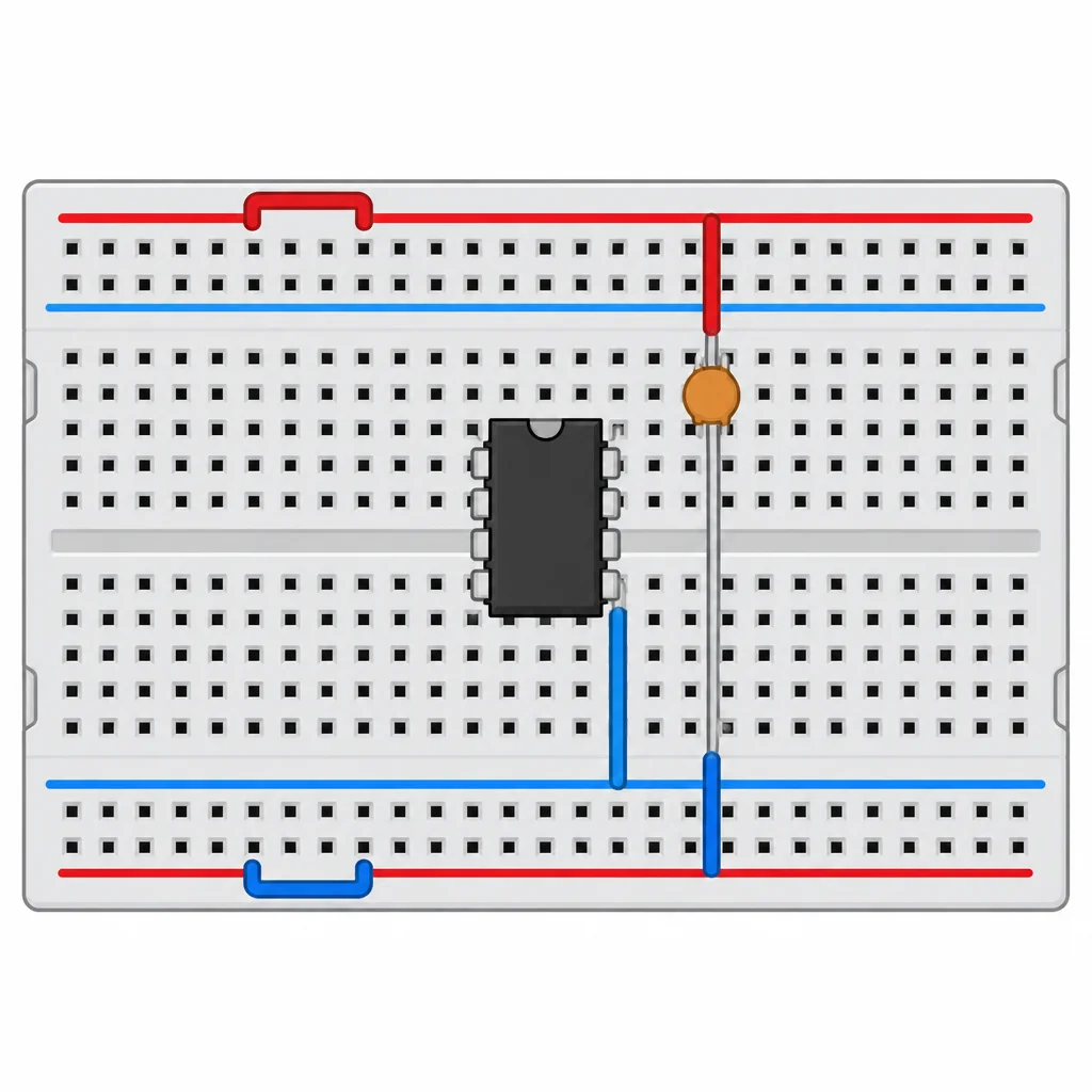 CI orientado pela marca; VDD e VSS ligados aos nós corretos; capacitor entre os dois nós e trilho dividido interligado quando necessário.