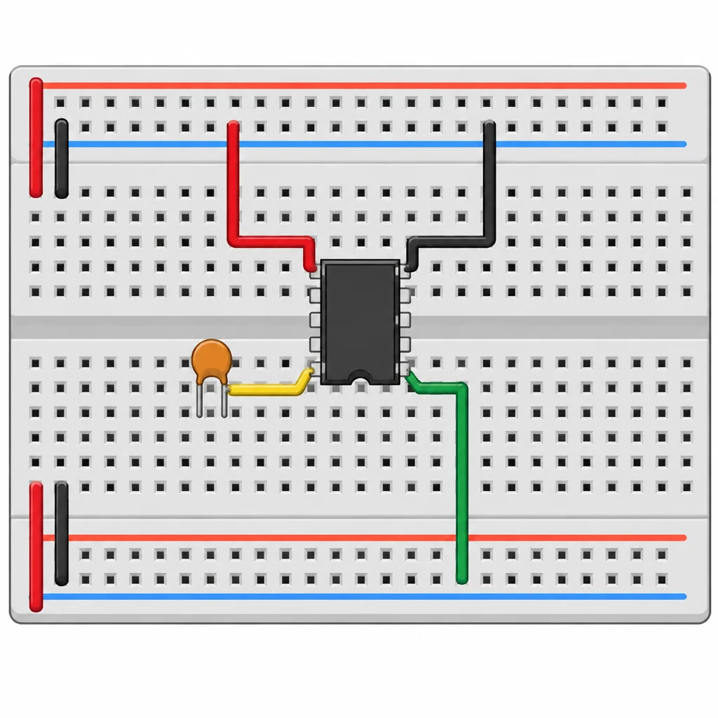 Capacitor parece bem colocado, mas o CI está girado em relação à pinagem usada no esquema.