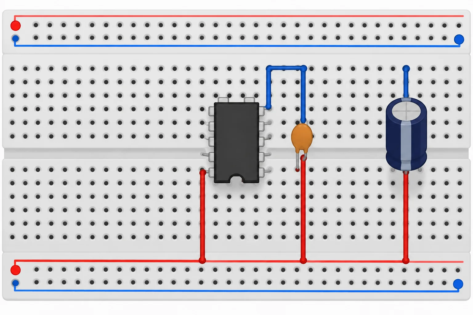 Diagrama de uma protoboard com MCP6002-I/P girado 180 graus: VDD no pino 8, no canto inferior esquerdo, e VSS no pino 4, no canto superior direito.