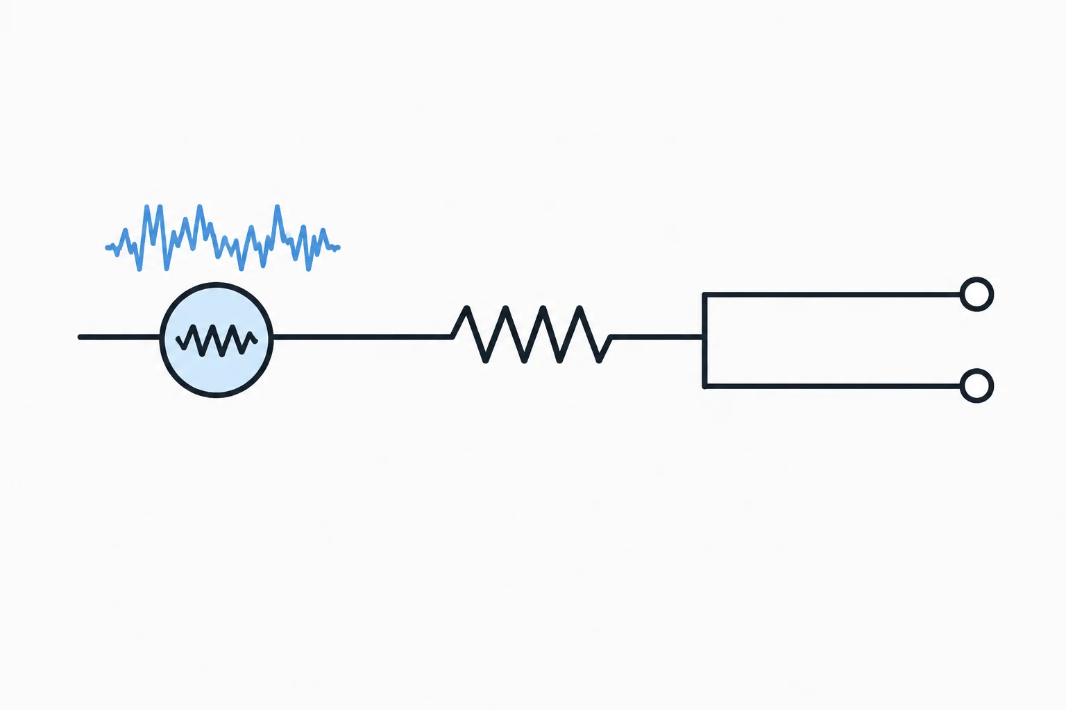 Esquema de um resistor ideal em série com uma fonte equivalente de tensão de ruído, com terminais em circuito aberto.