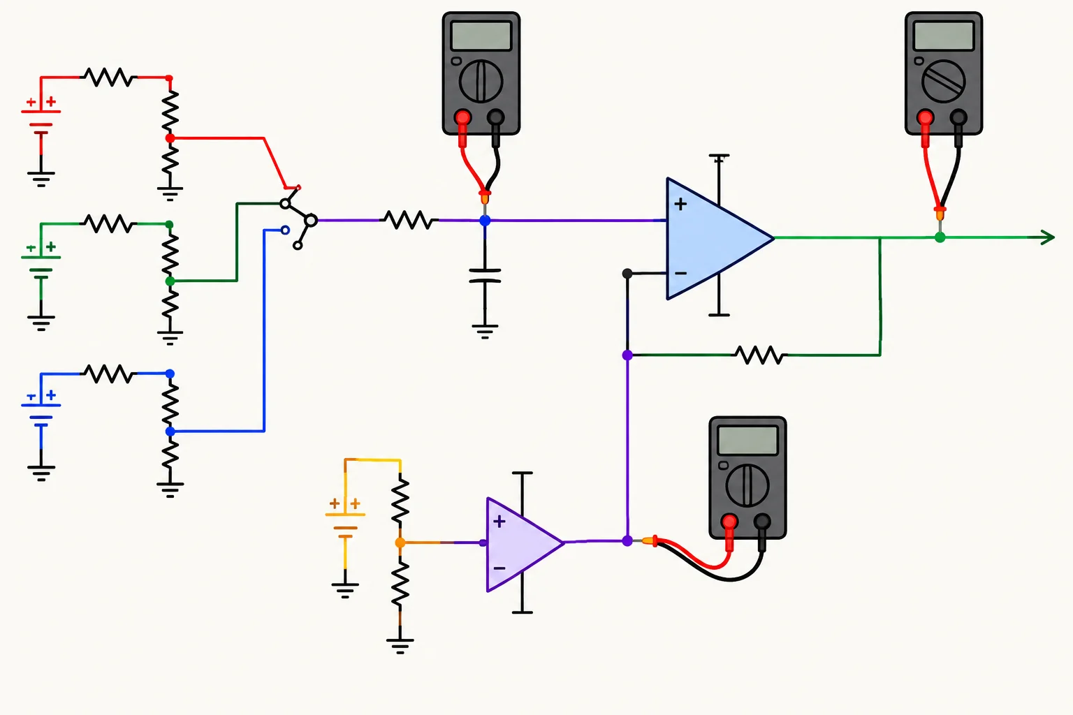 Diagrama de três divisores de teste ligados, um por vez, ao filtro RC e ao condicionador não inversor, com medições na entrada, na referência e na saída.