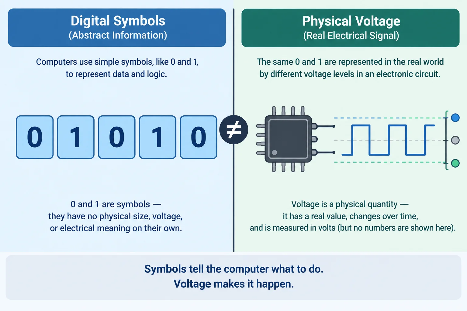 Comparação entre símbolos binários abstratos e sinais elétricos em um circuito.