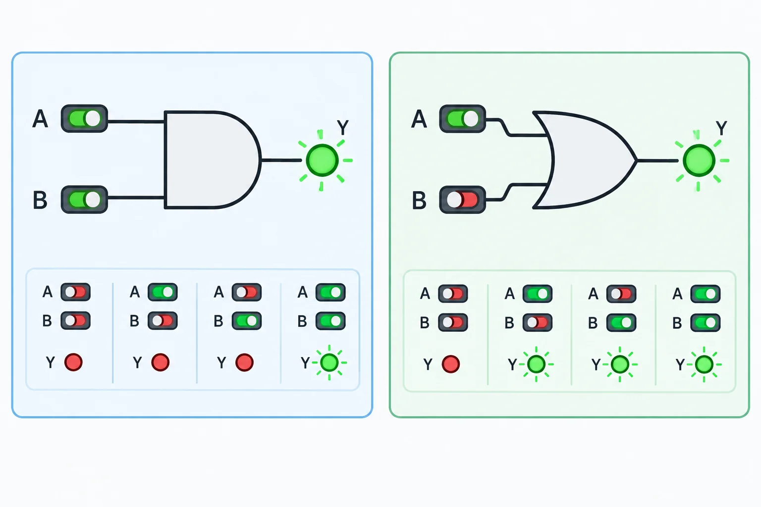 Comparação entre uma porta AND e uma porta OR, ambas com entradas A e B e saída Y.