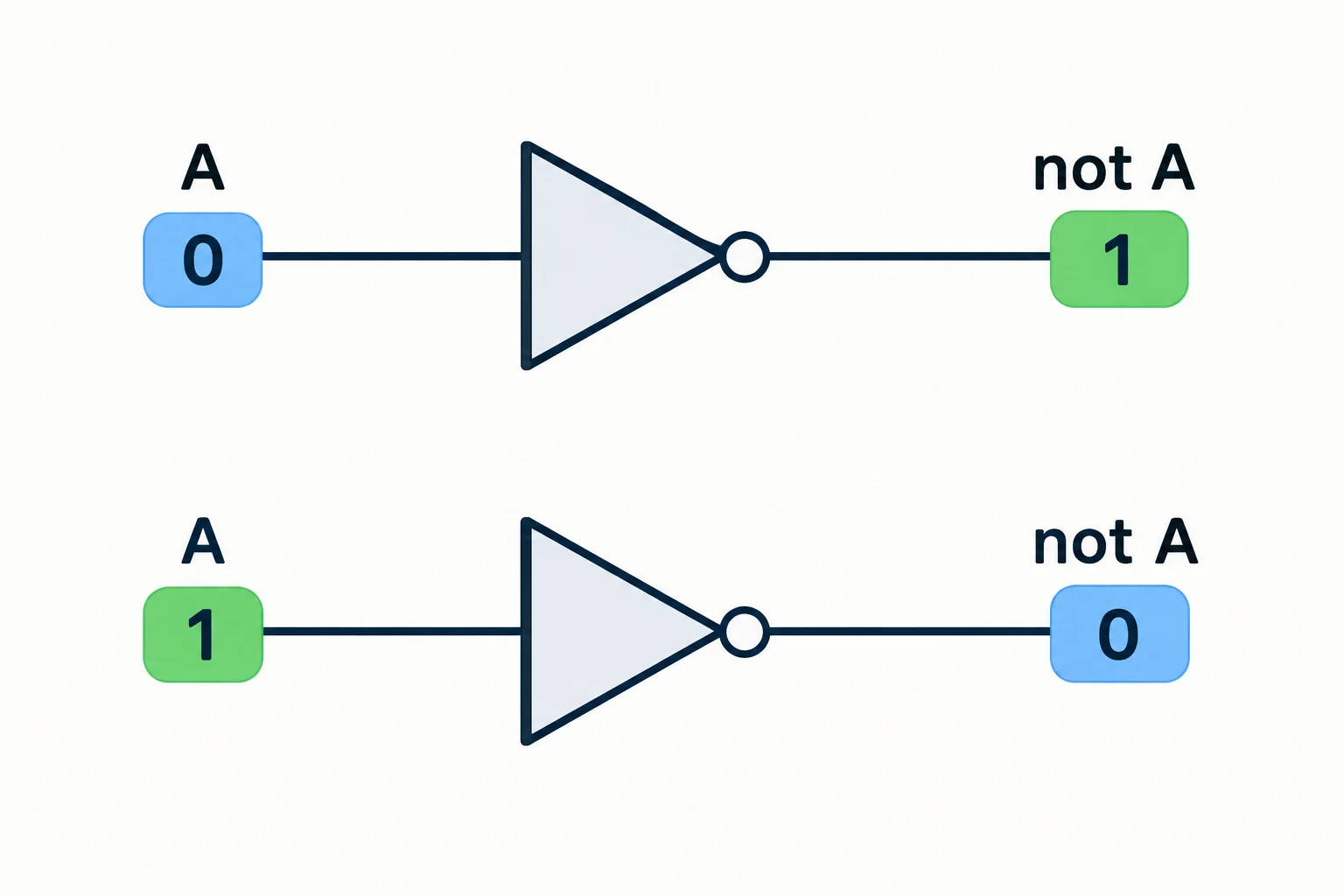 Diagrama de uma porta NOT: uma entrada A passa por um triângulo com pequeno círculo na saída e assume o valor oposto.