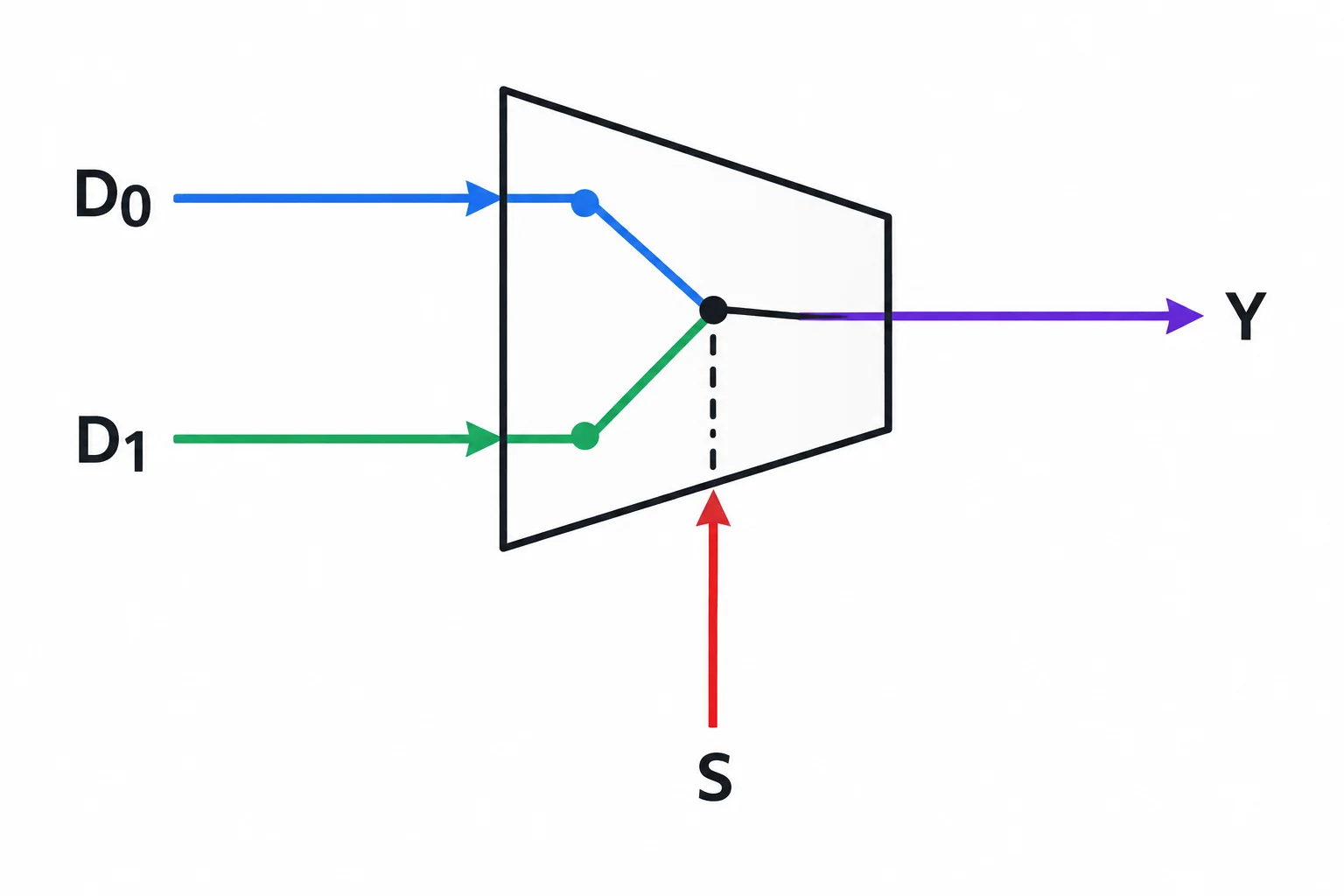 Diagrama de bloco de um multiplexador 2:1, com entradas D0 e D1, seleção S e saída Y.