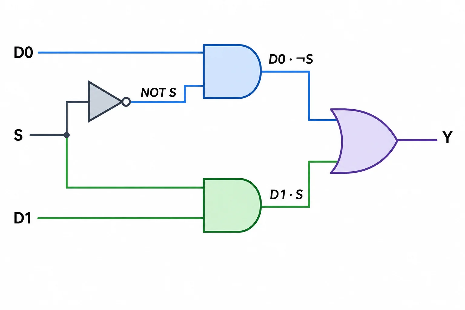 Diagrama de um MUX 2:1 implementado com uma porta NOT, duas portas AND e uma porta OR.