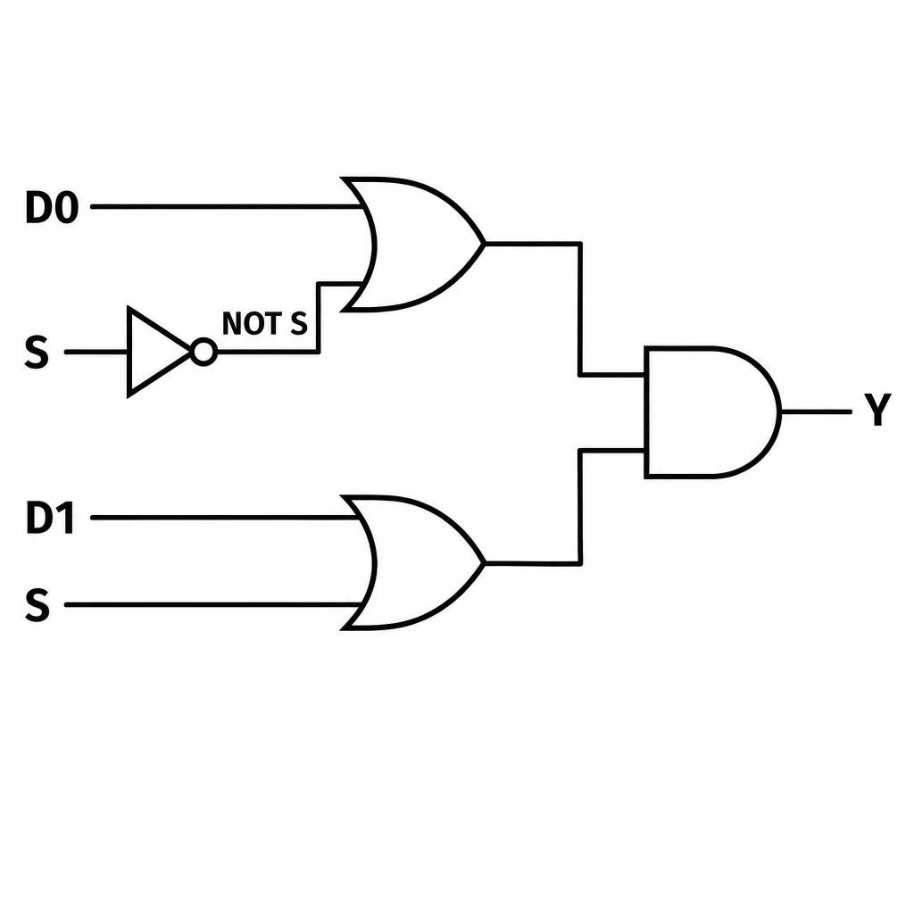 D0 e D1 são combinados por OR antes de uma AND final.