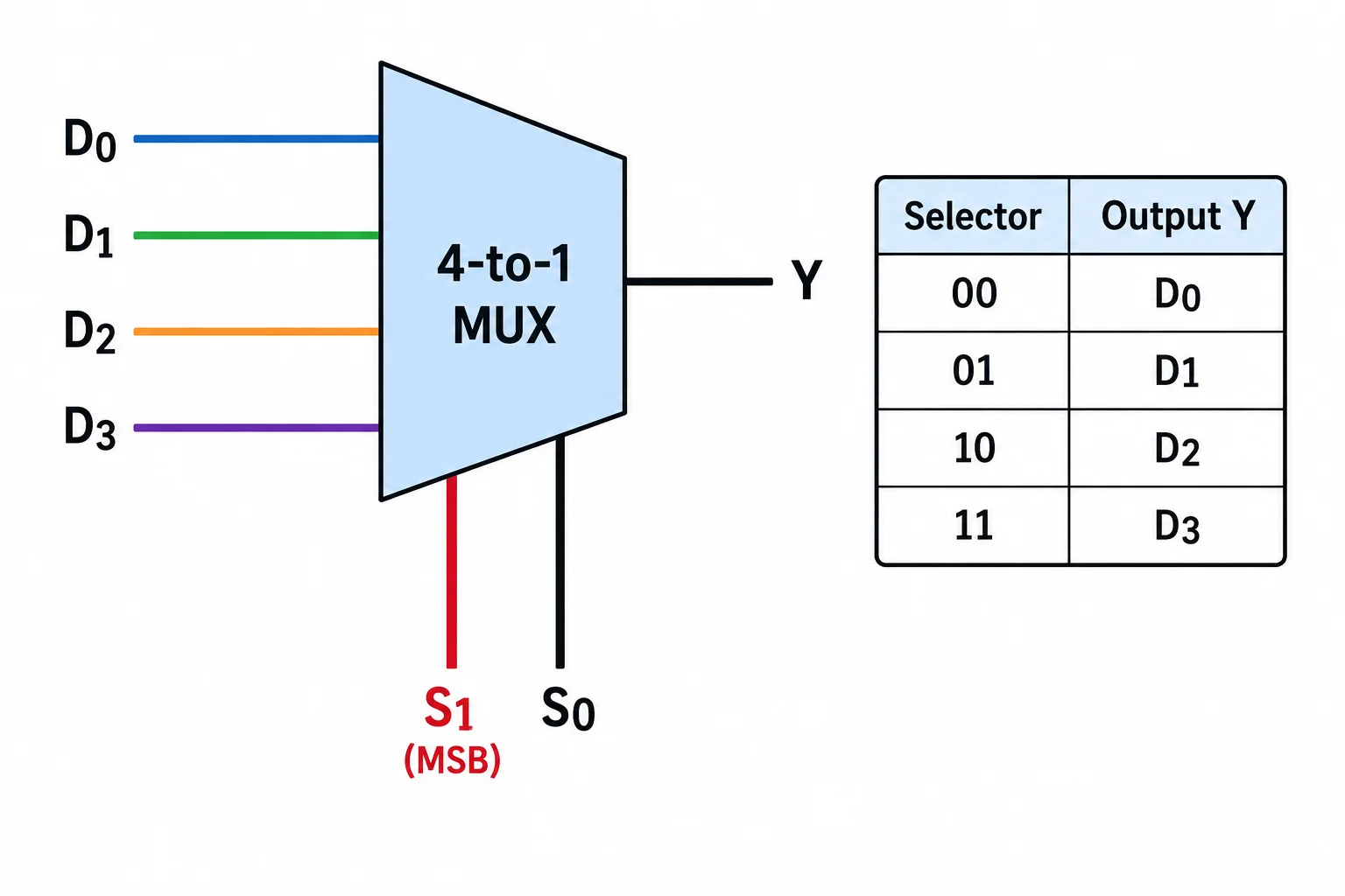 Diagrama de um multiplexador 4:1: D0 a D3 entram à esquerda, S1 e S0 selecionam uma delas e Y sai à direita.