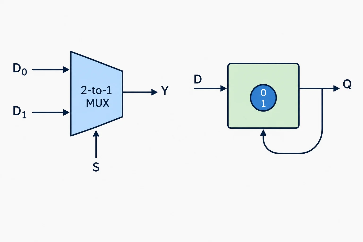 Comparação entre um multiplexador que encaminha uma entrada selecionada e um bloco de memória que mantém internamente um bit por realimentação conceitual.