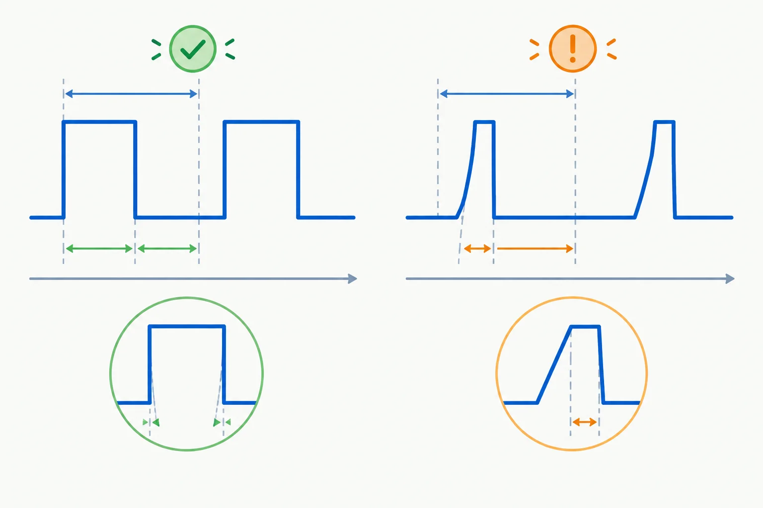 Comparação entre um clock com pulsos e bordas adequados e outro com pulso alto estreito e borda lenta.